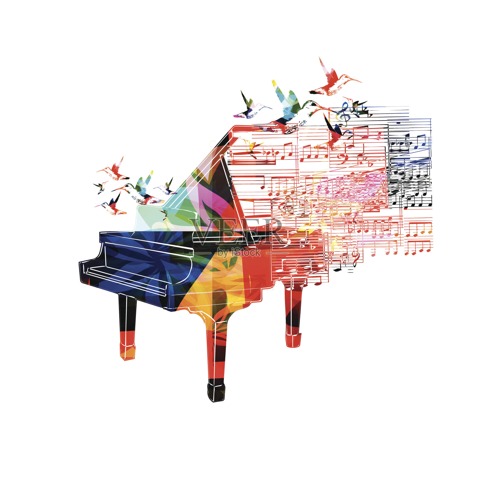 彩色钢琴设计与蜂鸟插画图片素材