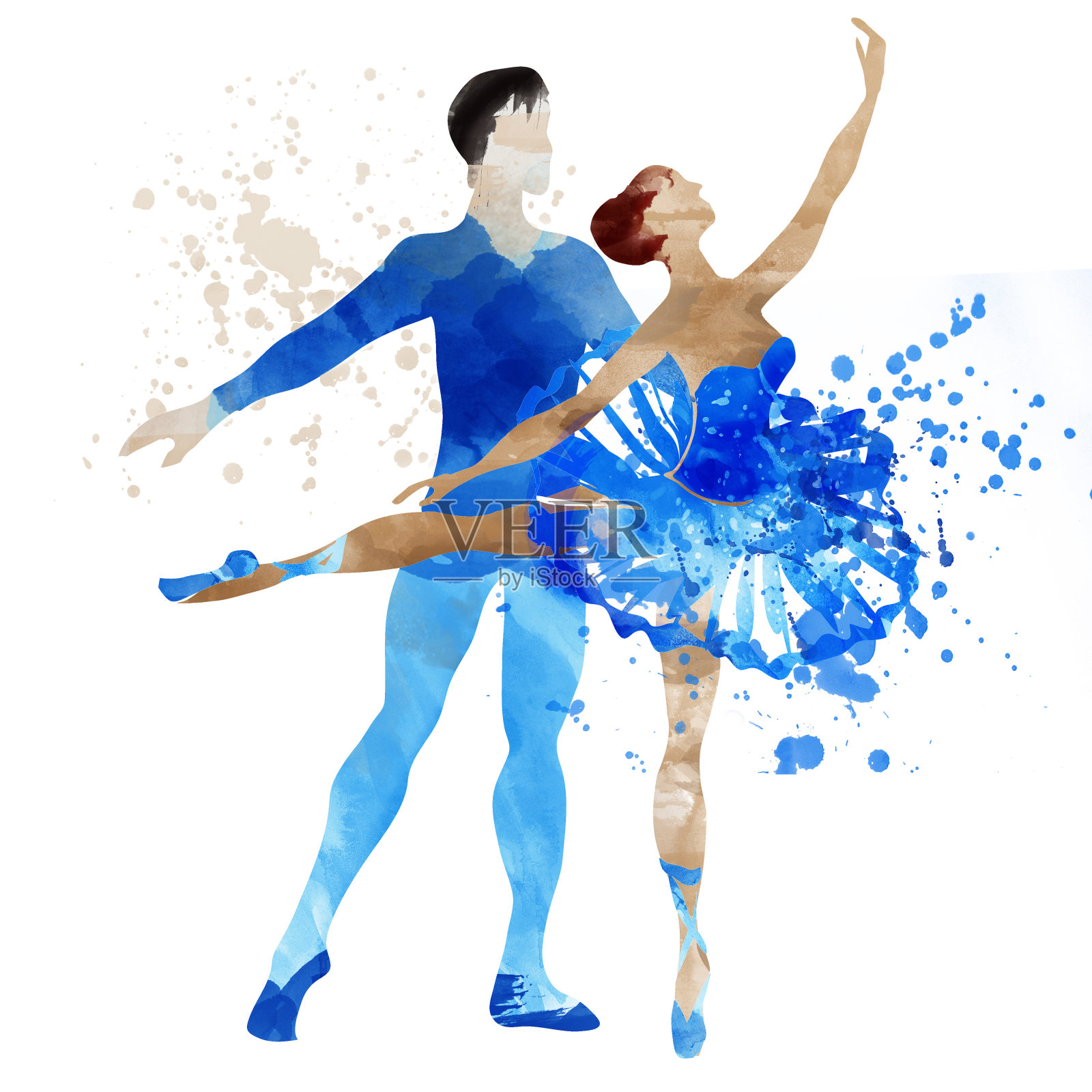 两跳芭蕾舞演员。水彩插画图片素材
