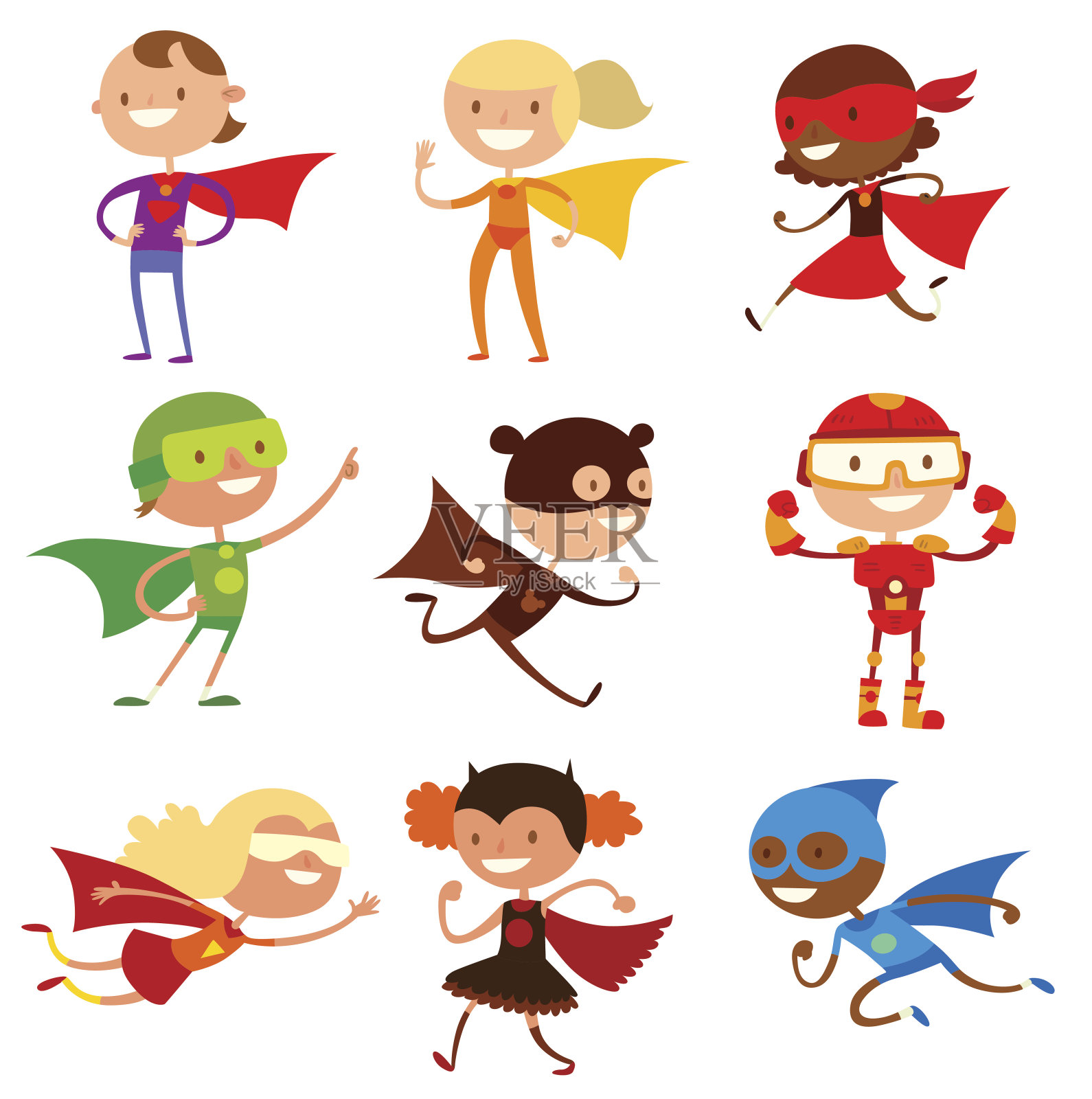 超级英雄孩子男孩和女孩卡通矢量插图设计元素图片