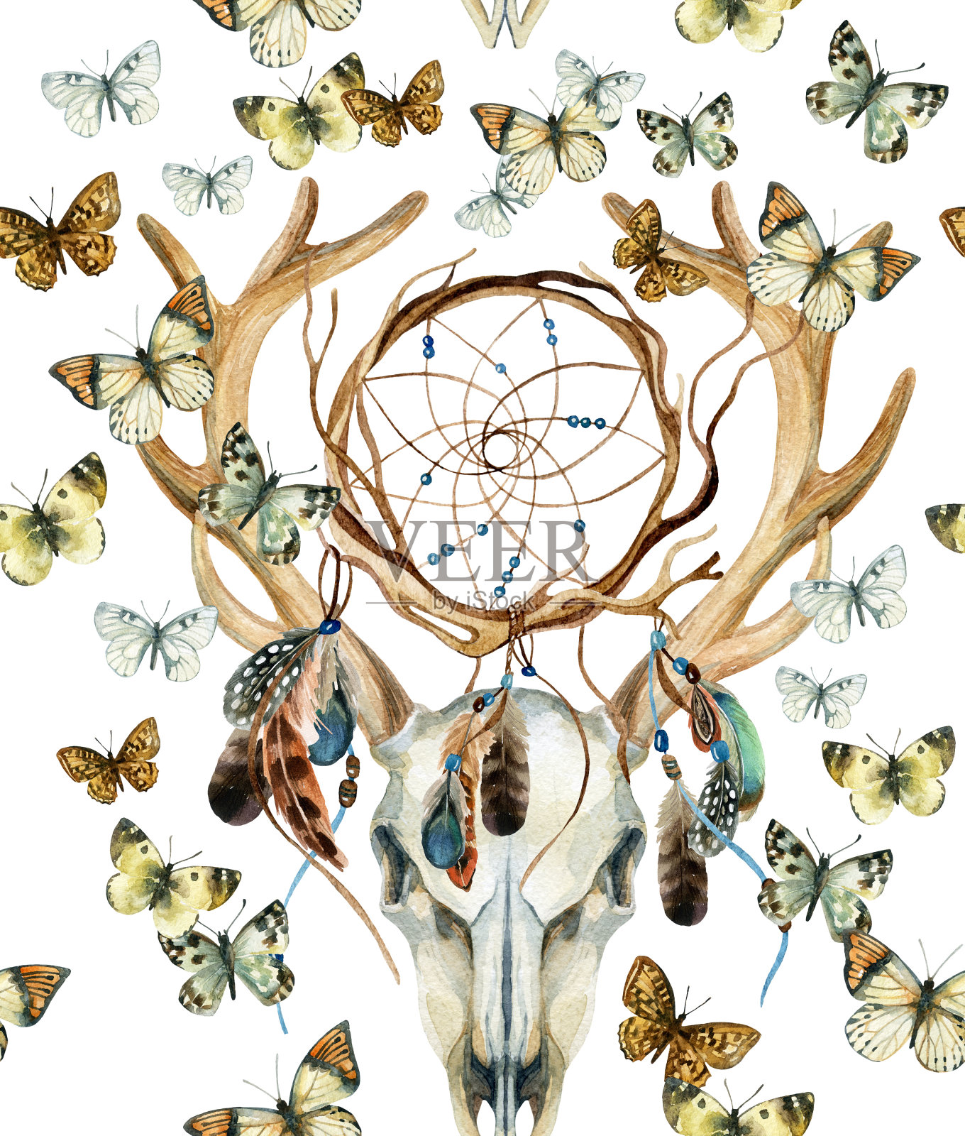 鹿颅骨无缝图案。动物头骨，梦境和蝴蝶。插画图片素材