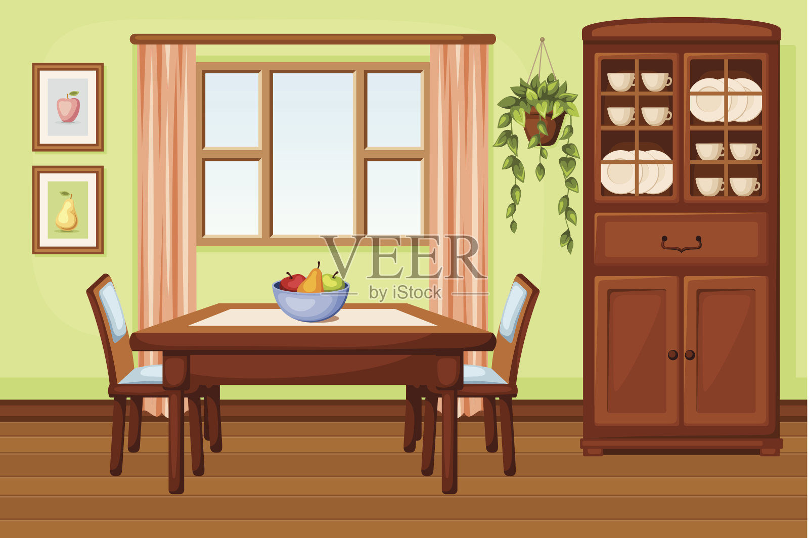餐厅内部有桌子和橱柜。矢量插图。插画图片素材