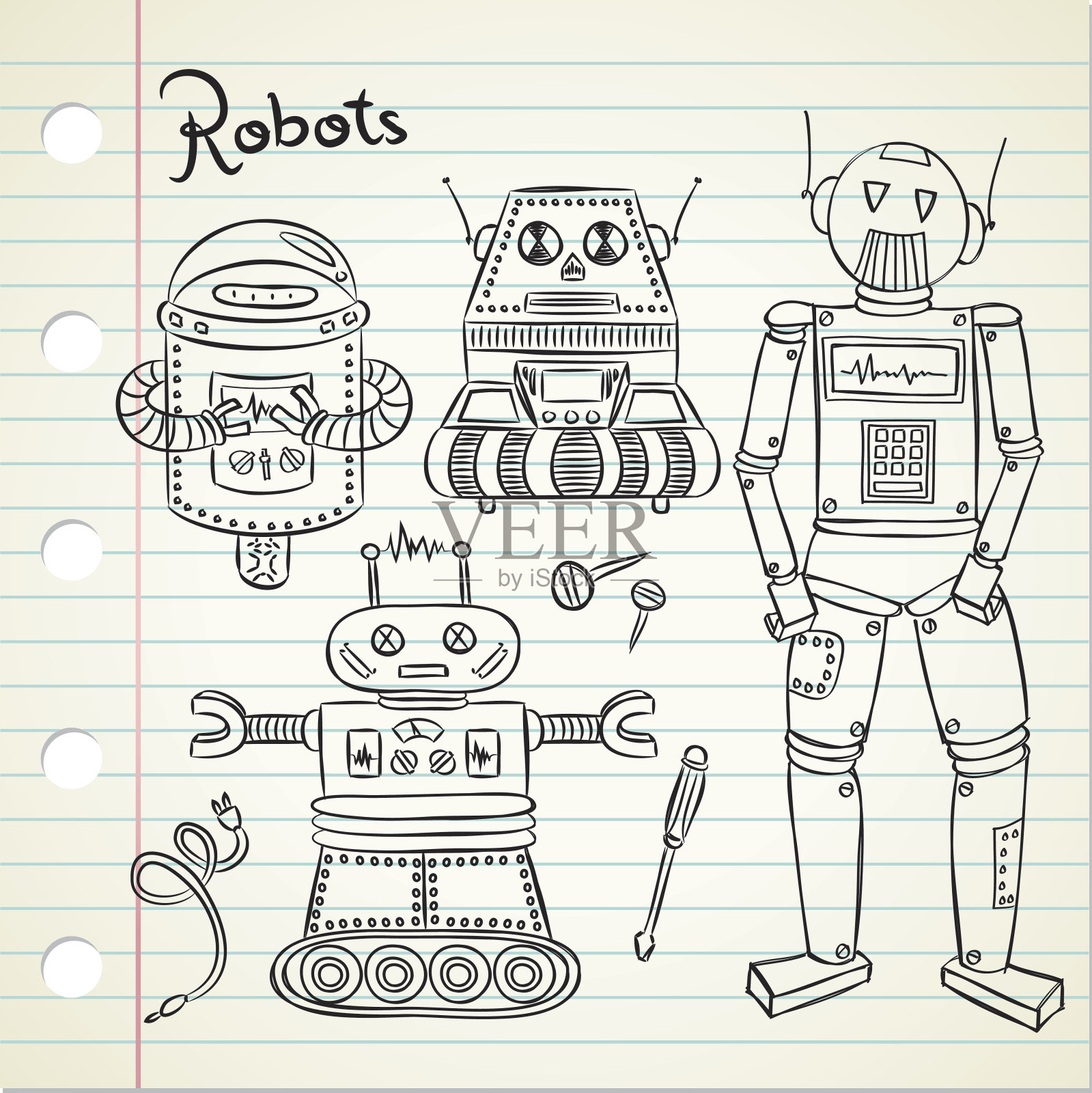 一套复古机器人涂鸦风格插画图片素材