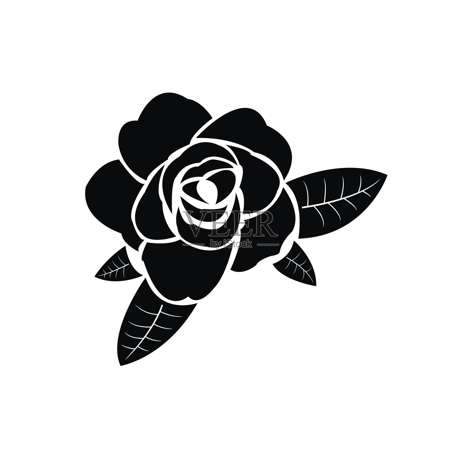 带叶子的玫瑰的黑色剪影设计元素图片
