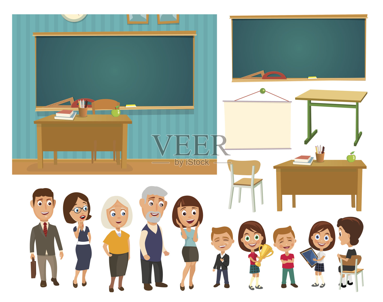 教室内部有课桌和黑板。插画图片素材