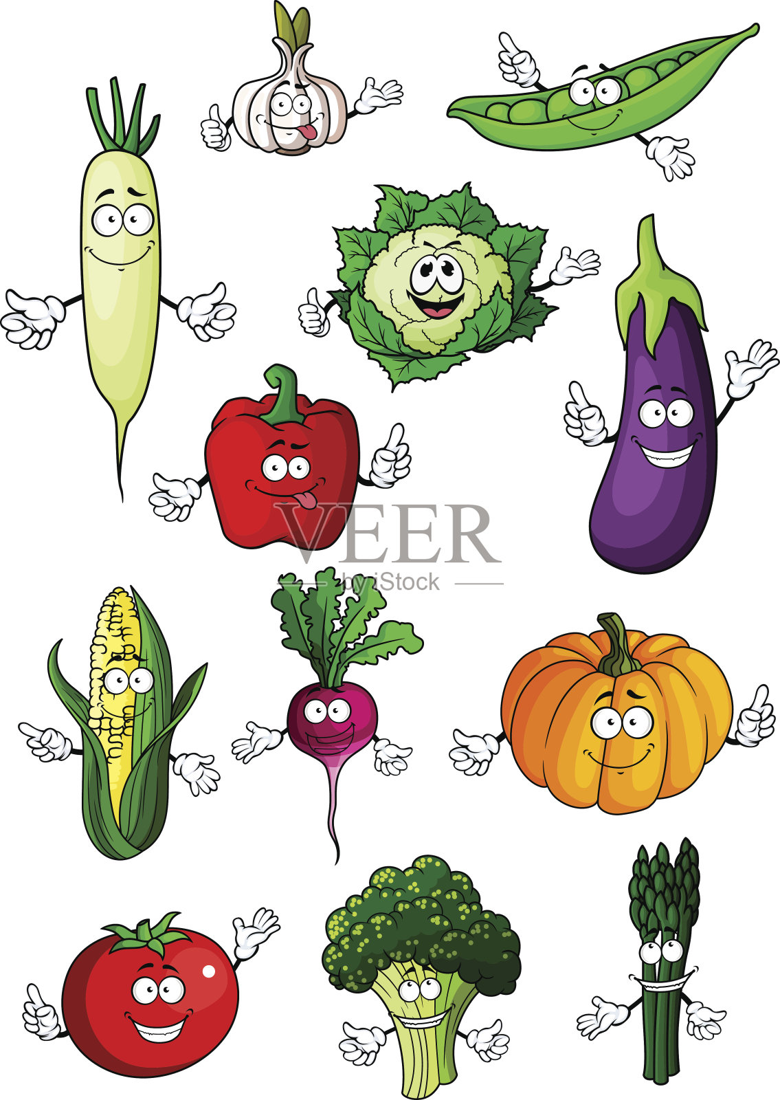健康的有机蔬菜卡通人物插画图片素材