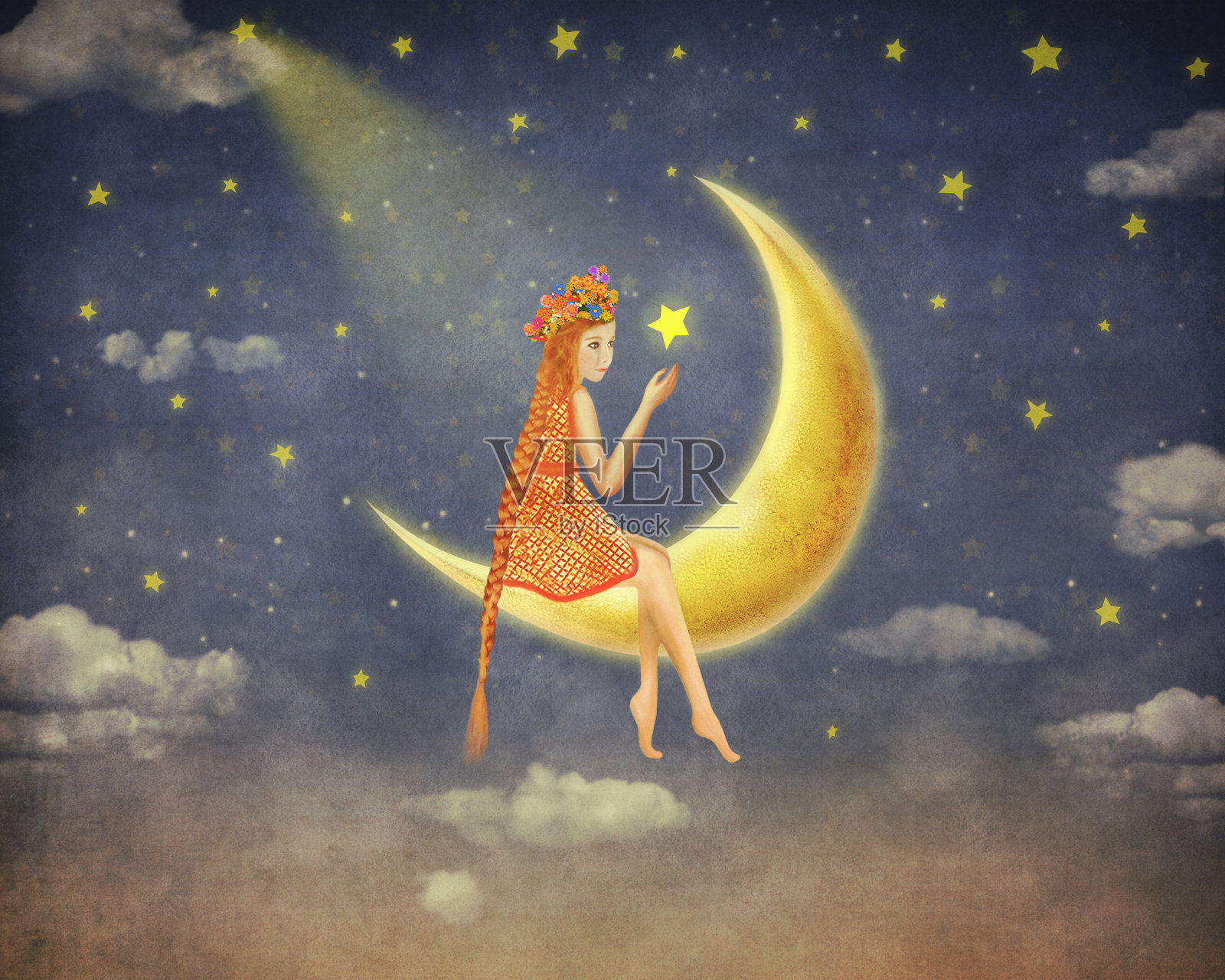 可爱的女孩坐在夜空中的月亮上的插图插画图片素材