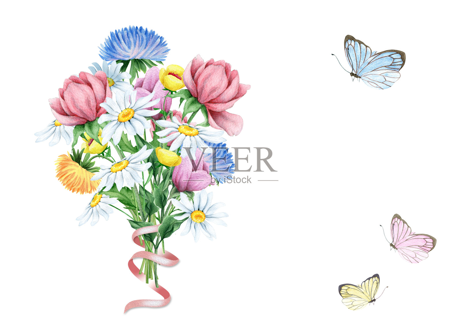 水彩画的春天花香与蝴蝶插画图片素材