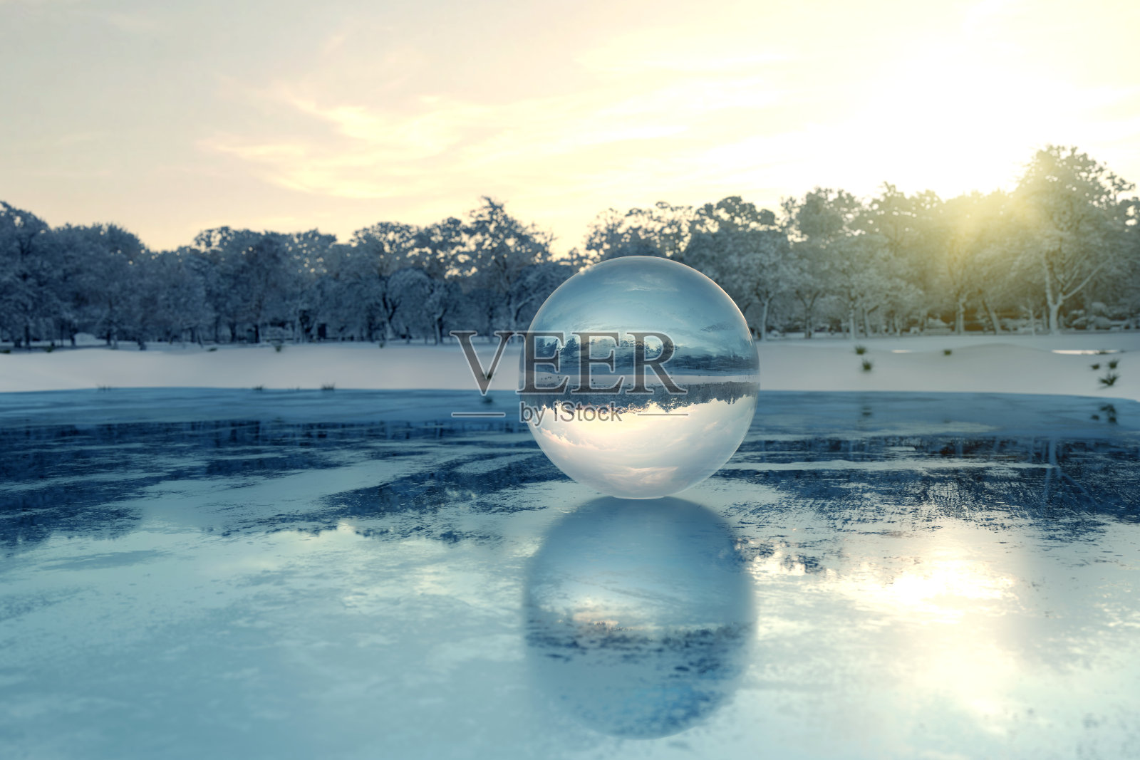 在结冰的湖上的水晶球的3d渲染照片摄影图片