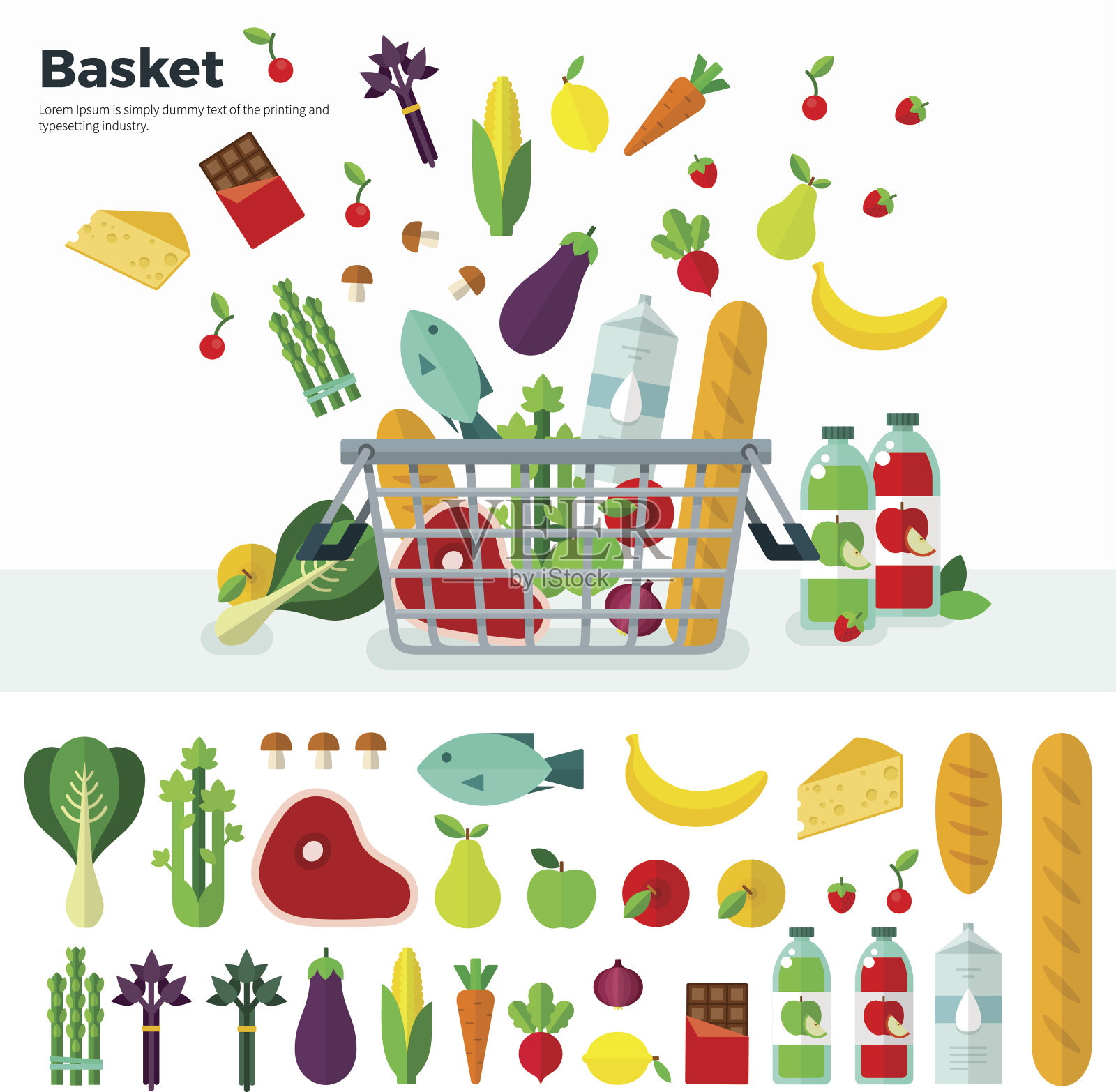 篮子与蔬菜旗帜和图标设置插画图片素材