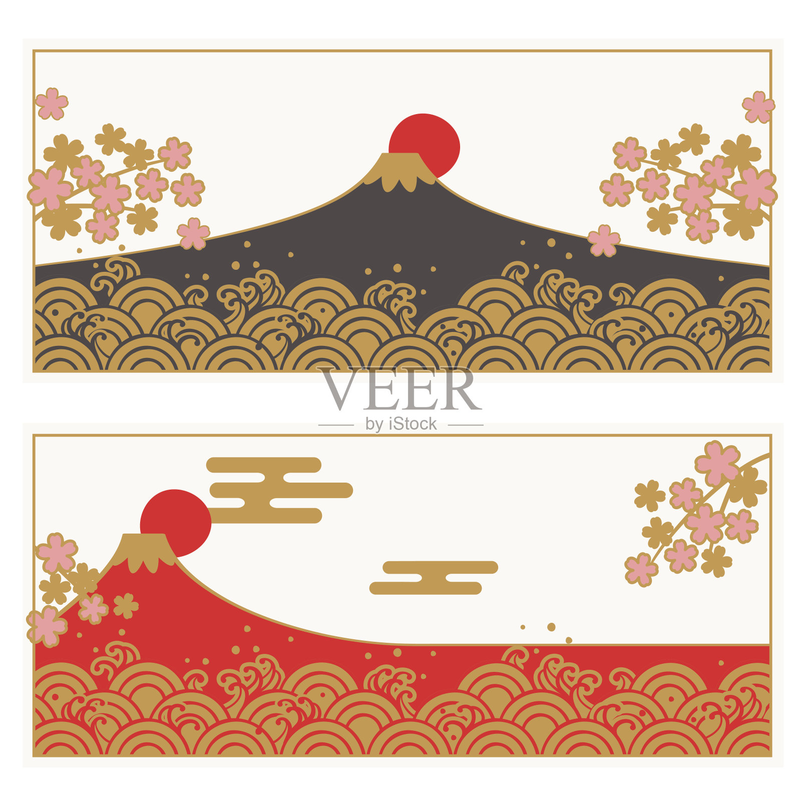 框架集传统日本波浪图案和藤山，樱花插画图片素材