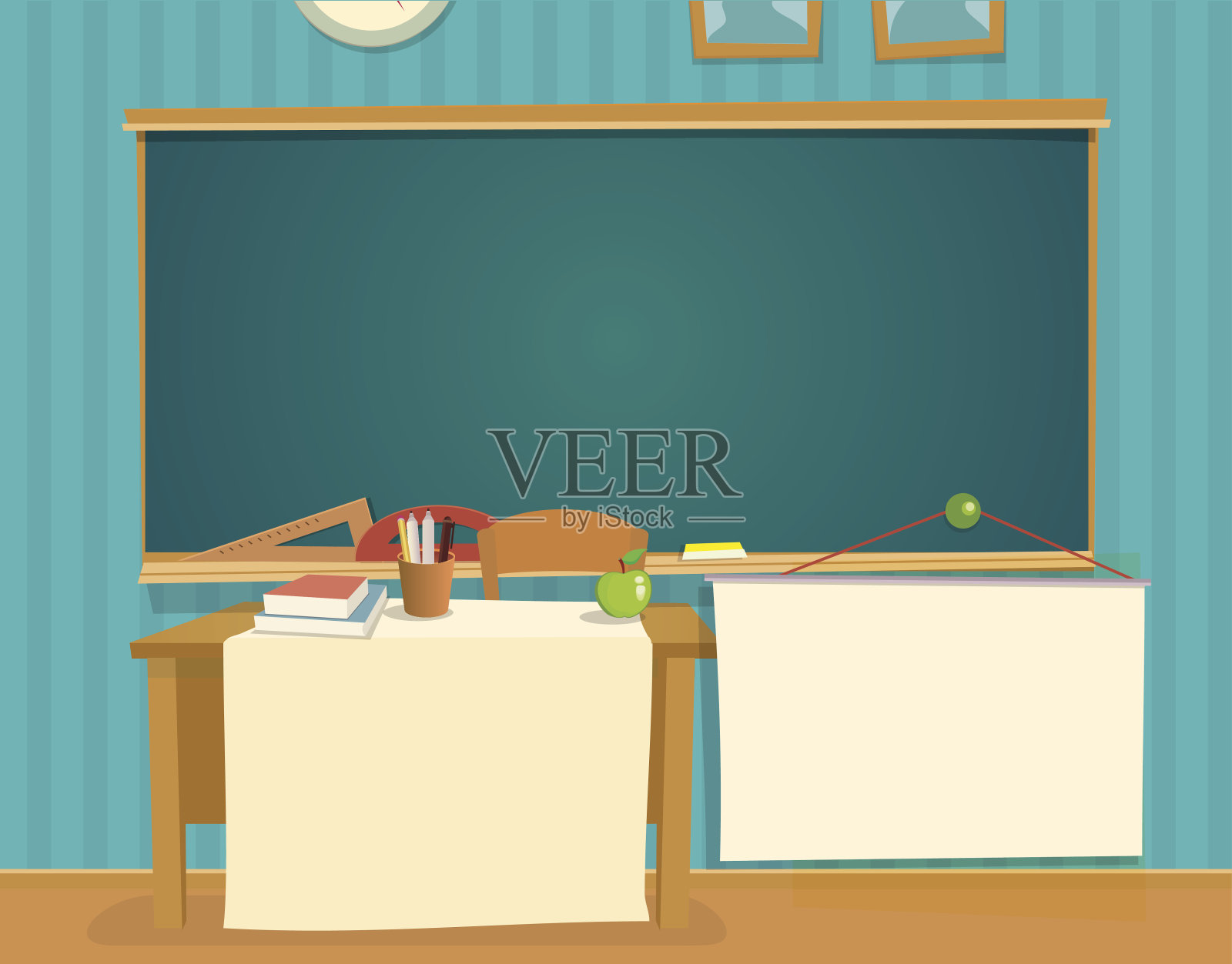 教室内部有课桌和黑板。插画图片素材