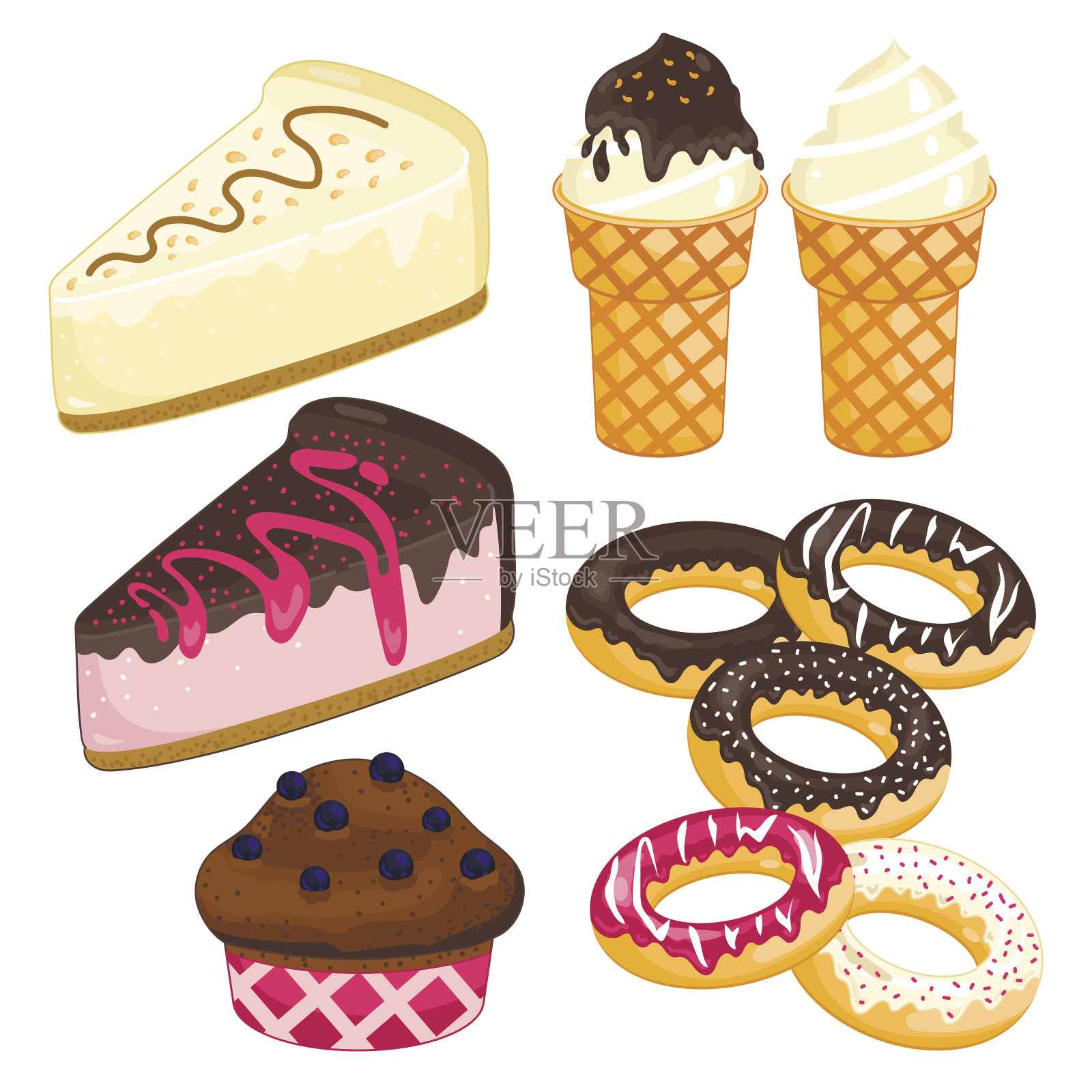 甜的甜点。蛋糕，冰淇淋，甜甜圈，纸杯蛋糕插画图片素材
