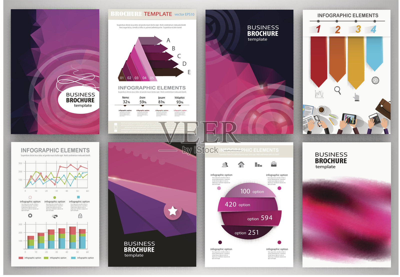 紫色背景，抽象概念信息图和图标插画图片素材
