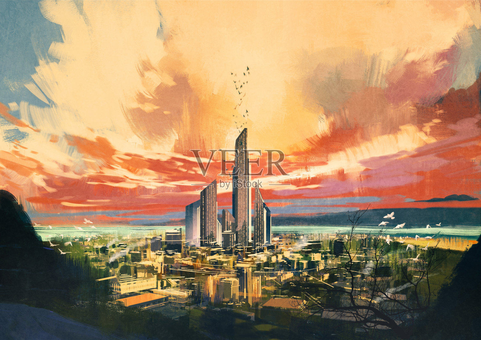 日落时分有摩天大楼的未来科幻城市插画图片素材