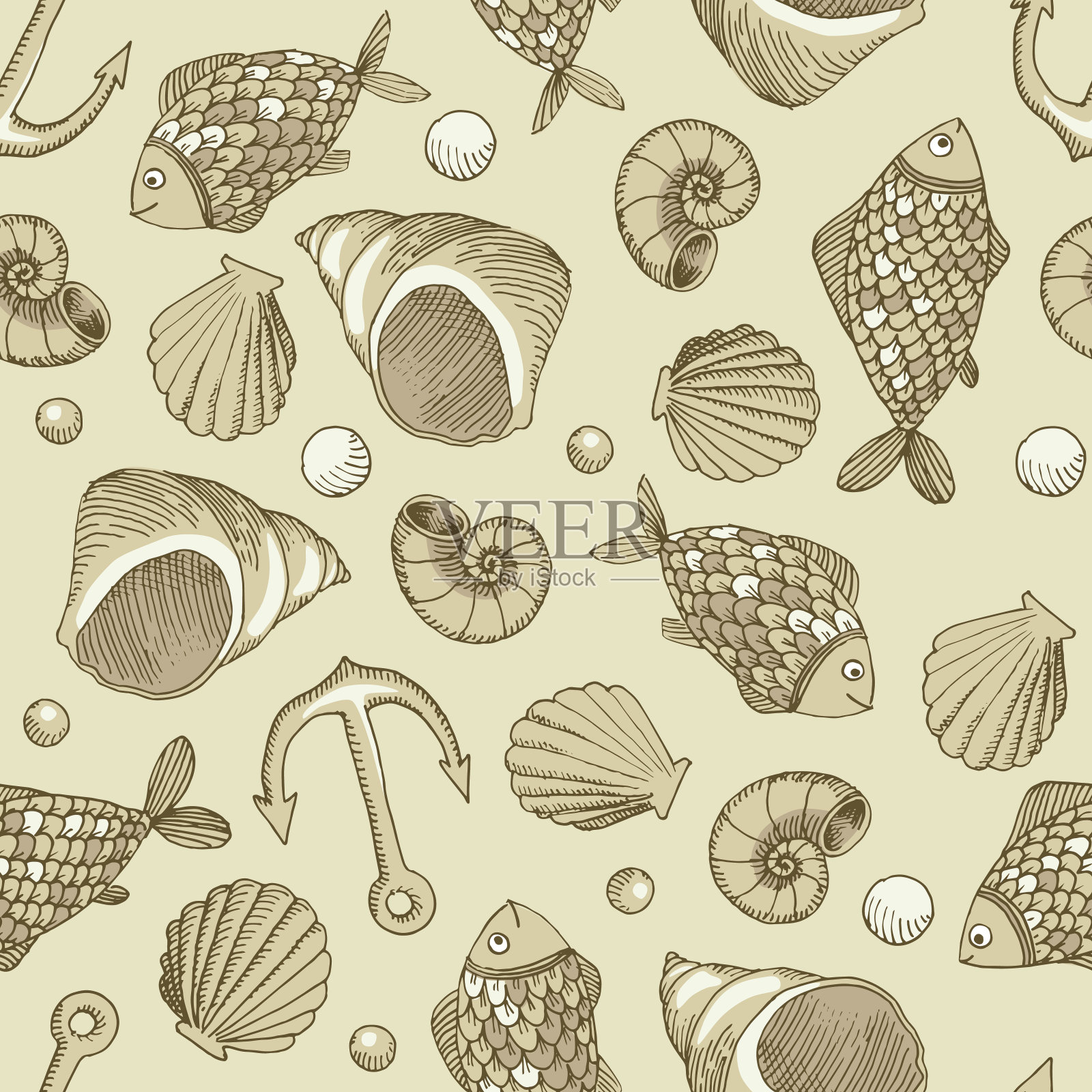 鱼和壳矢量无缝模式插画图片素材