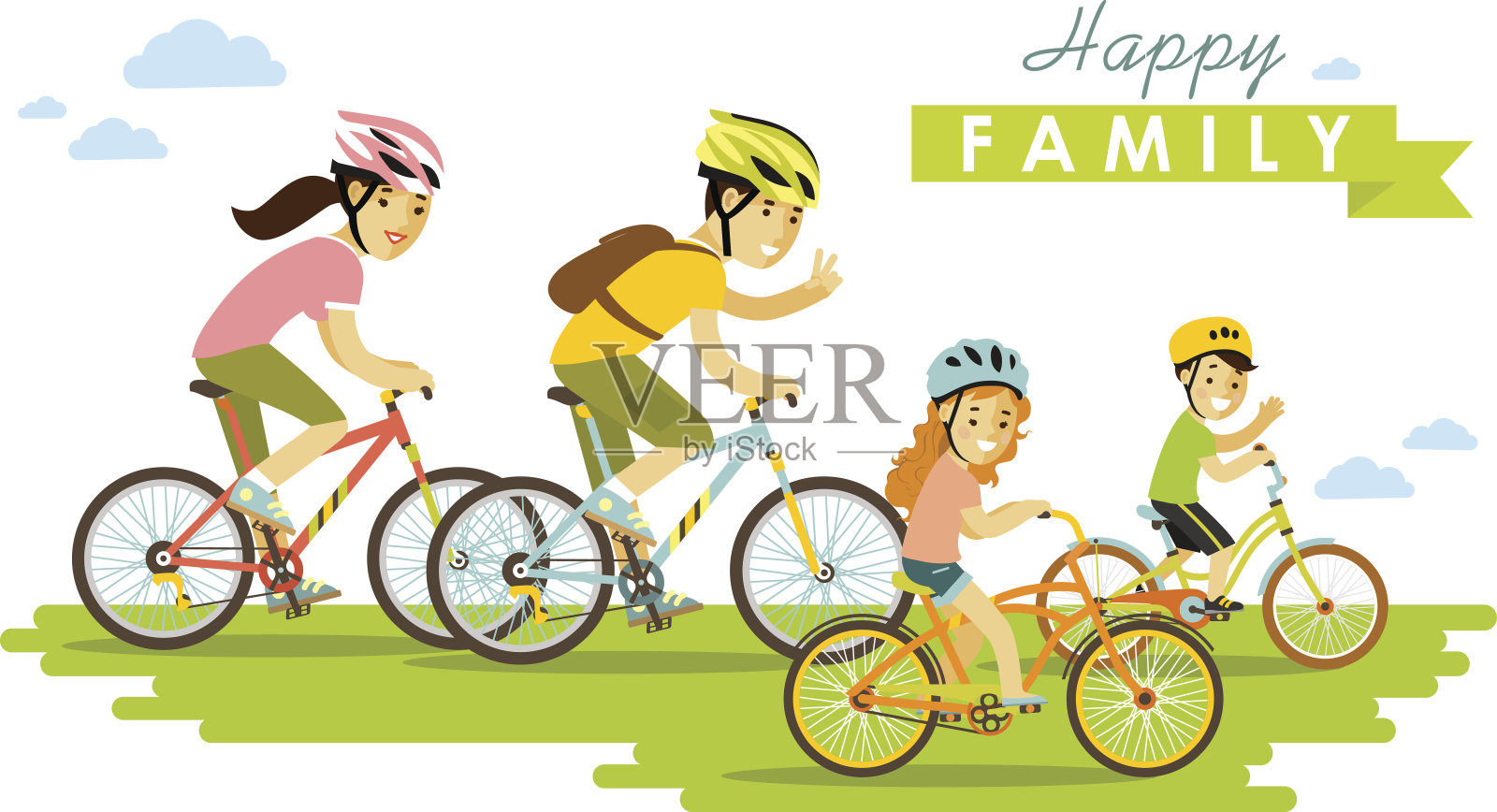 快乐的家庭骑自行车孤立在白色的背景平风格设计元素图片
