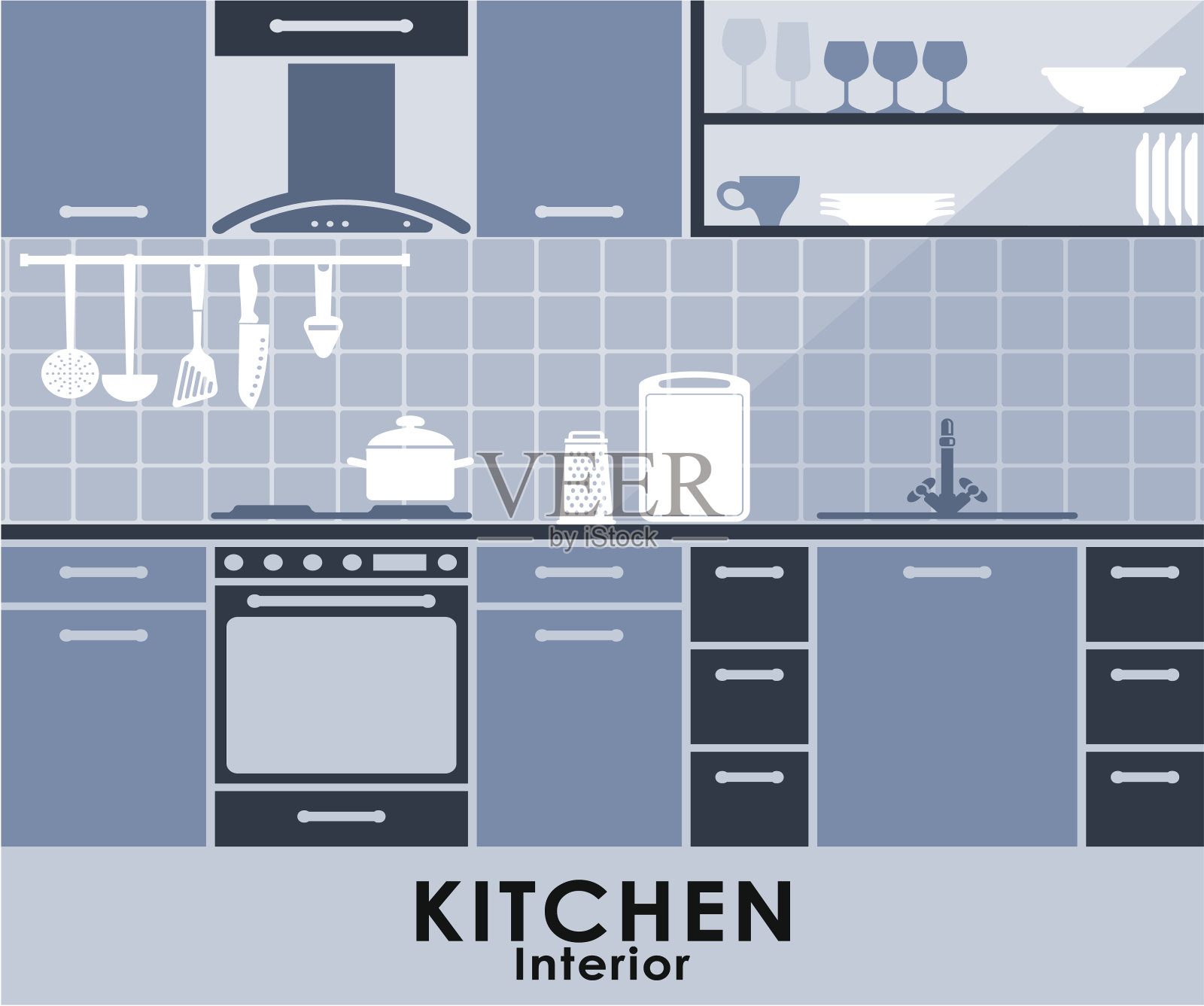 蓝色的厨房内部，平房风格插画图片素材