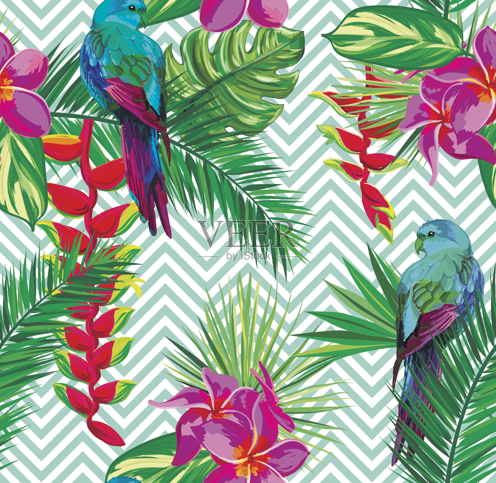 美丽无缝热带丛林花卉图案背景与棕榈叶插画图片素材