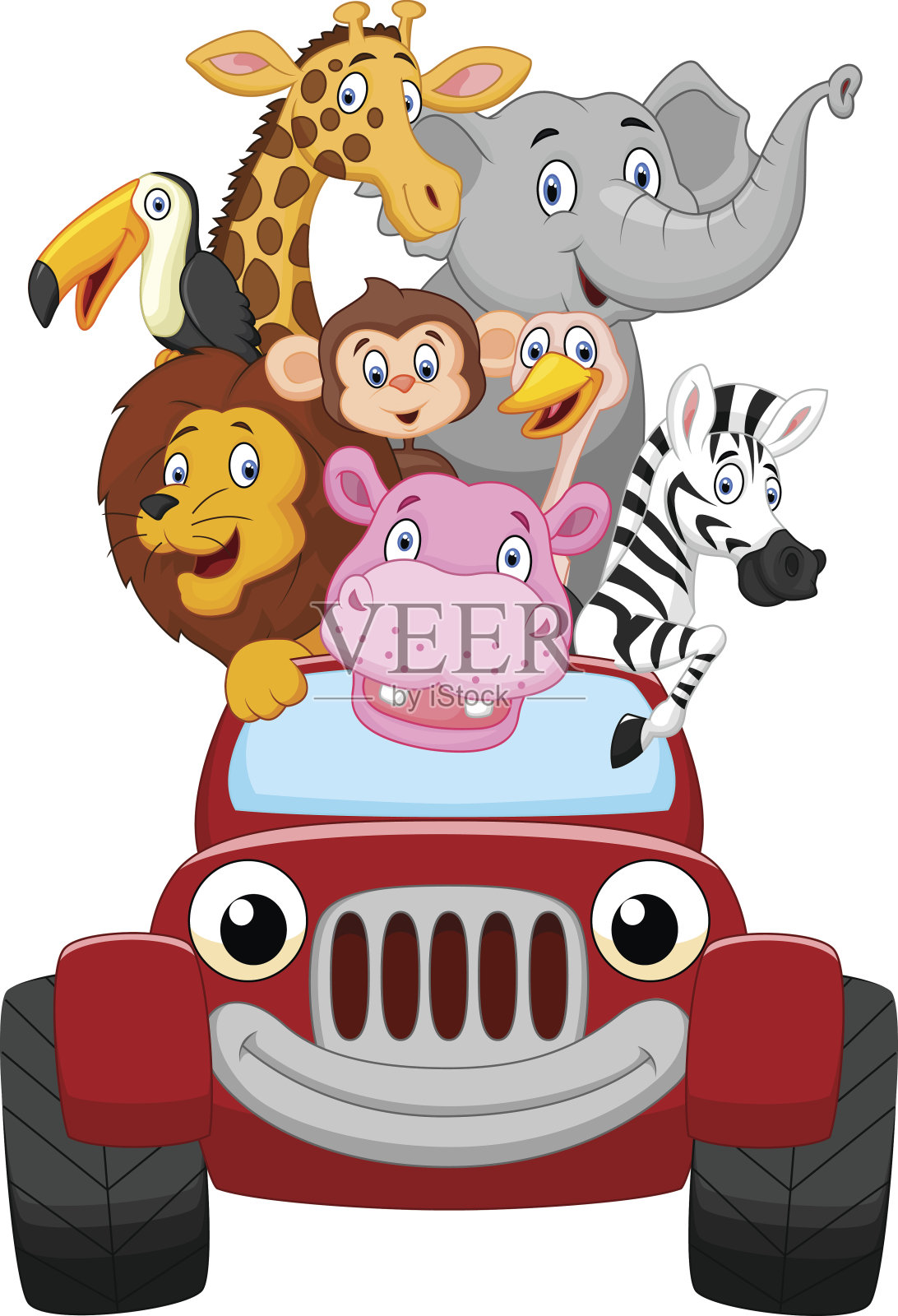 卡通快乐的动物与红色的汽车插画图片素材