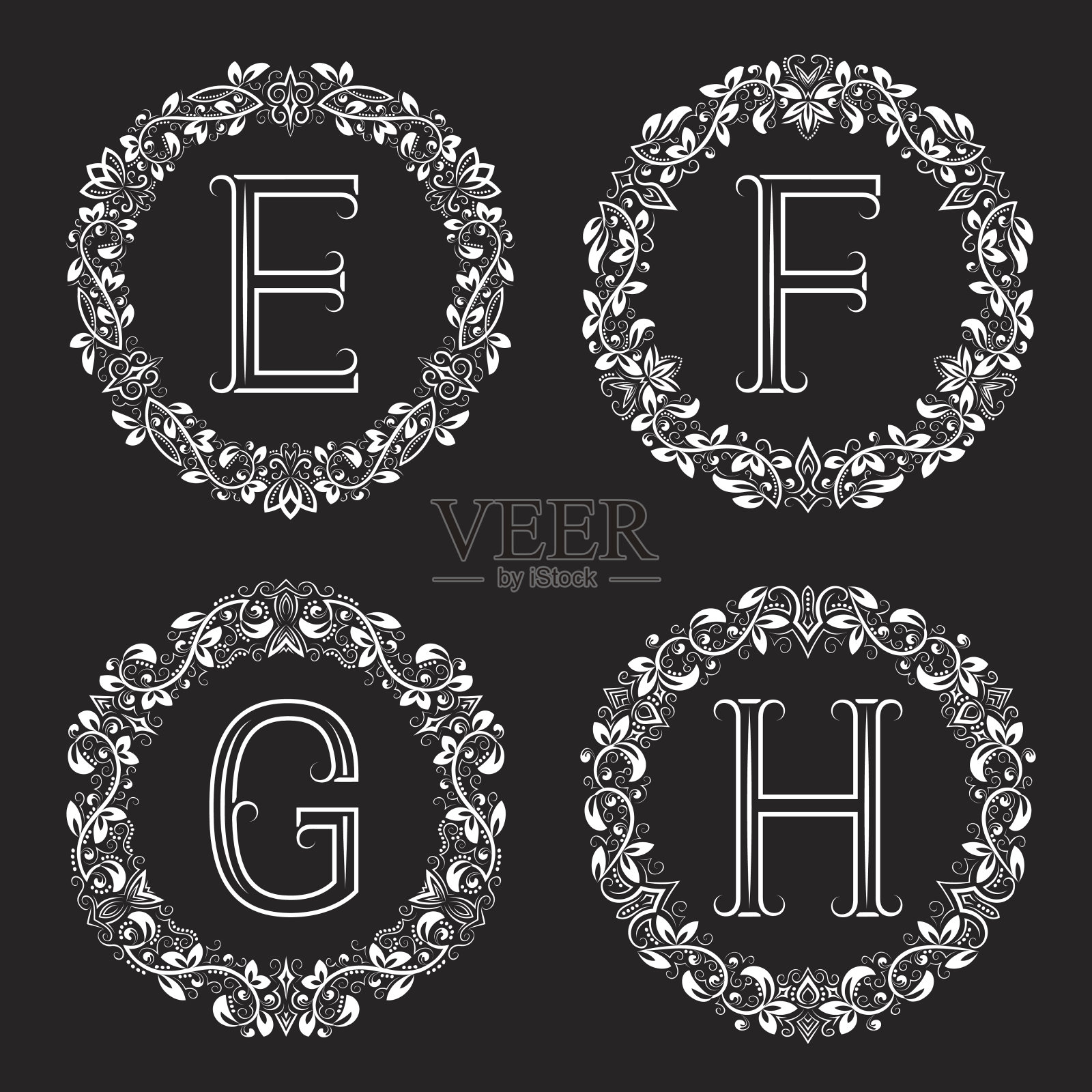 E, F, G, H白色字母在花框架。设计元素图片