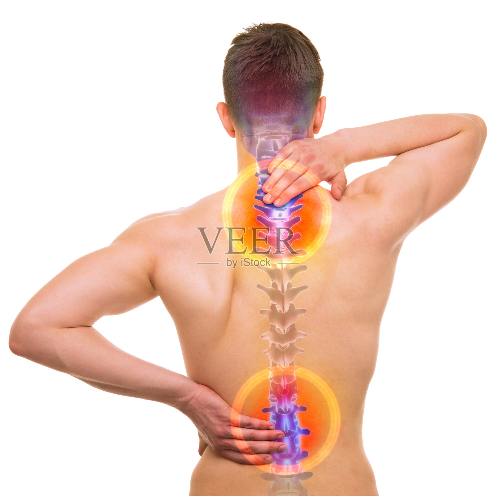 脊柱疼痛-男性受伤脊柱孤立于白色照片摄影图片