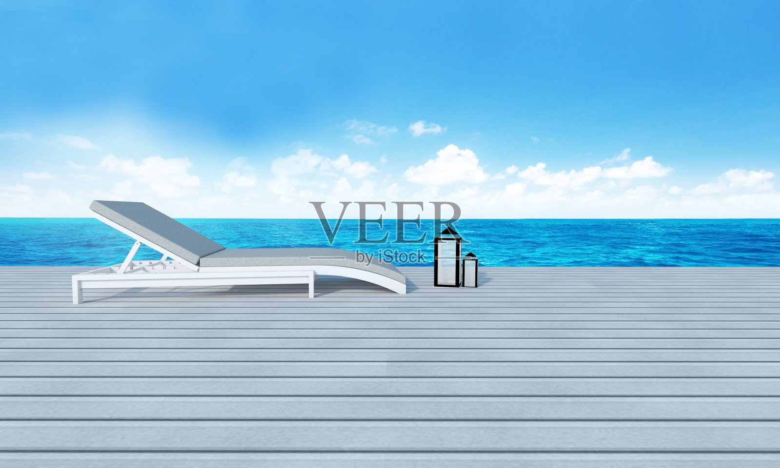 海滩休息室与阳光甲板，海景和蓝天照片摄影图片