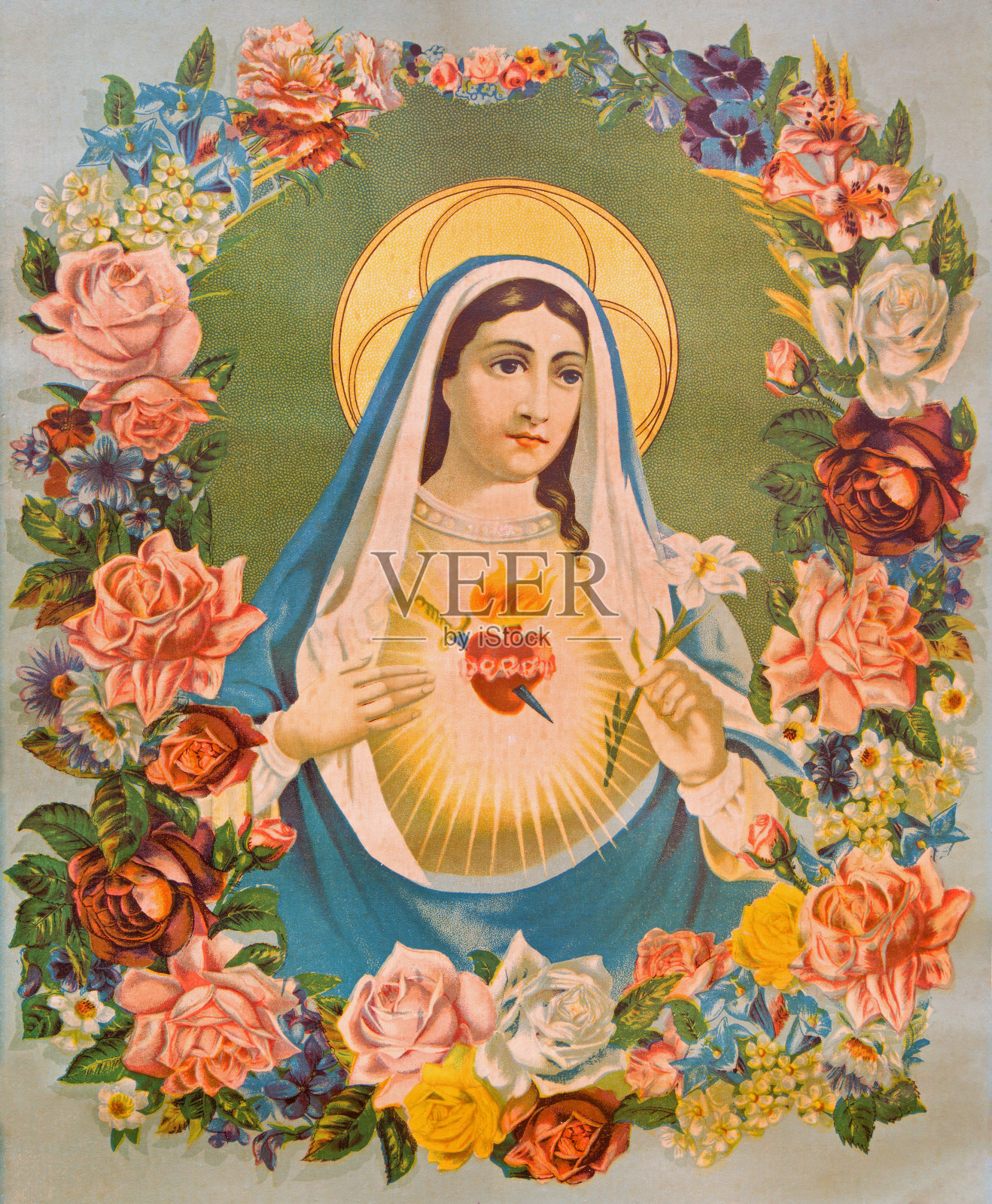 圣母玛利亚的心在花朵中。照片摄影图片