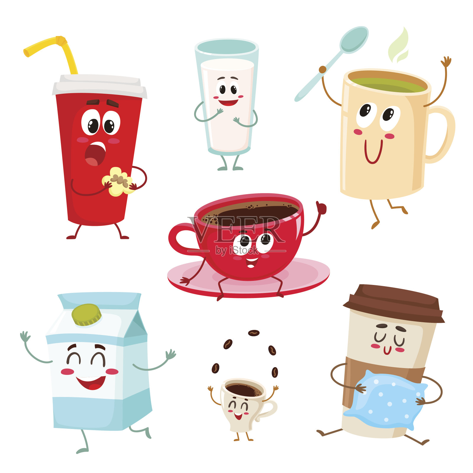 一套有趣的牛奶，咖啡，茶杯，杯子，马克杯字符插画图片素材