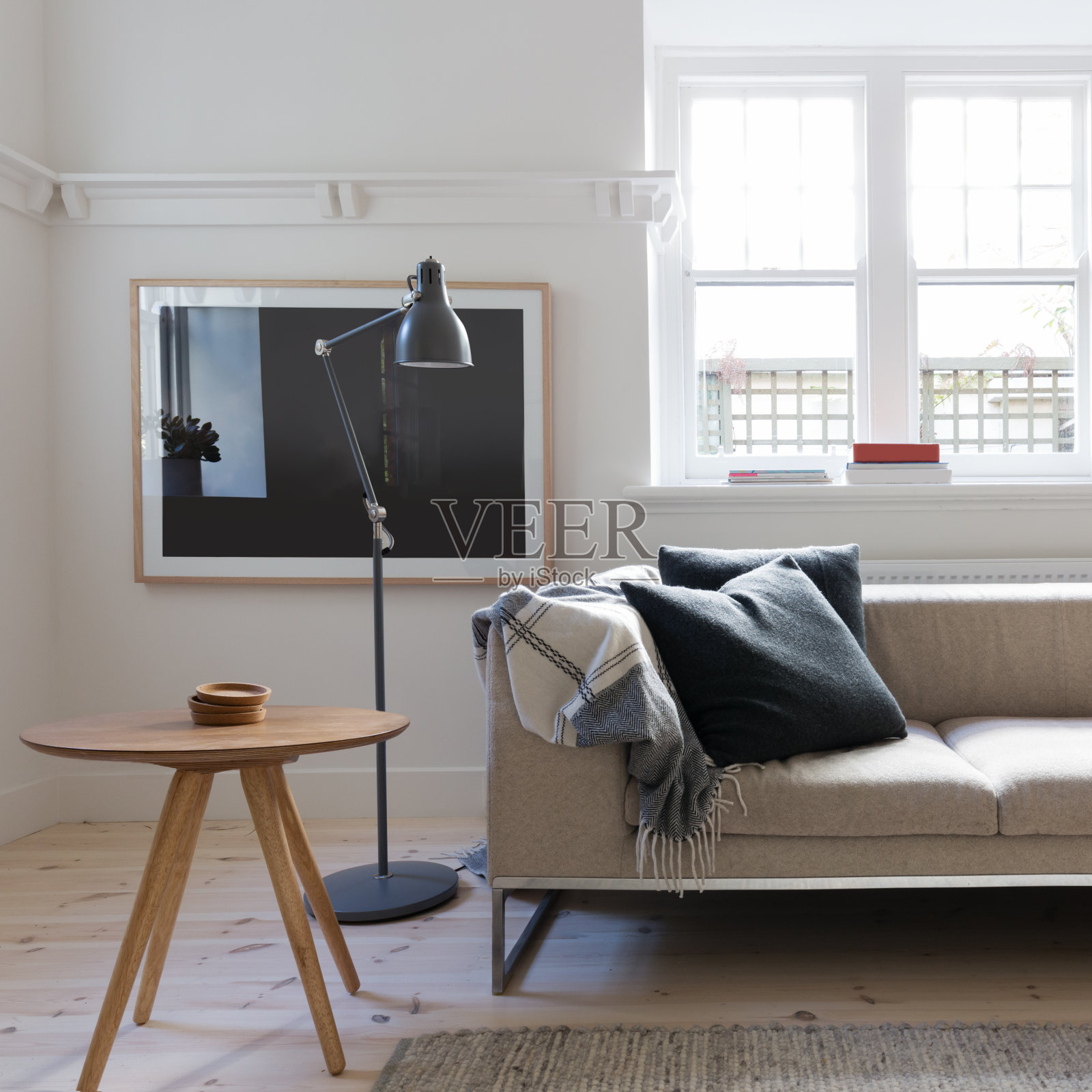 Scandi风格的客厅在艺术装饰澳大利亚公寓照片摄影图片