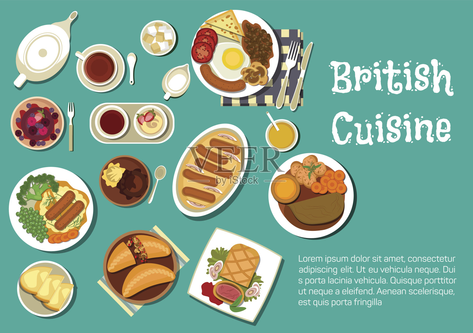 英国美食晚餐与舒适的食物平面图标插画图片素材