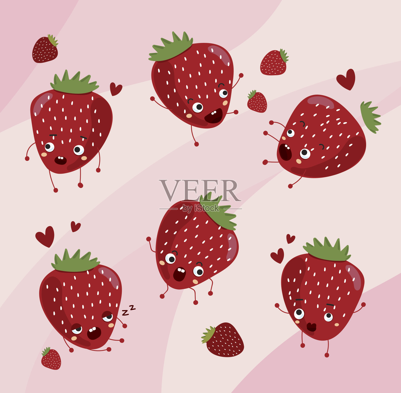草莓。可爱的水果向量字符集插画图片素材