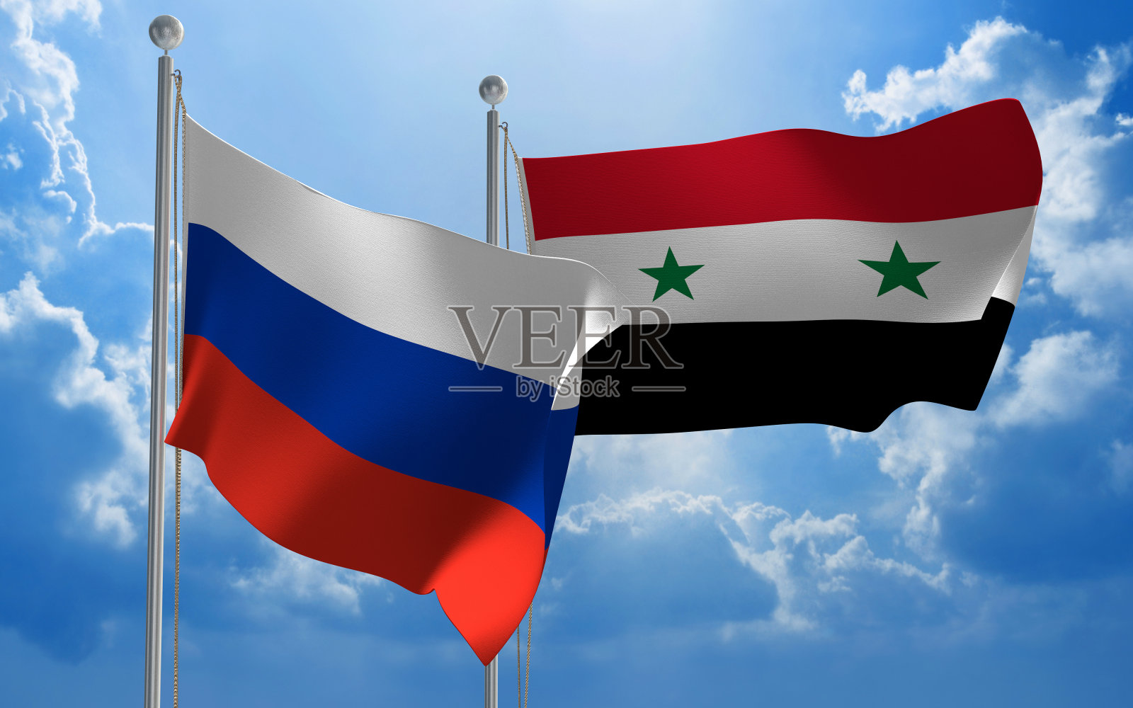 俄罗斯和叙利亚的旗帜在外交会谈中同时飘扬照片摄影图片