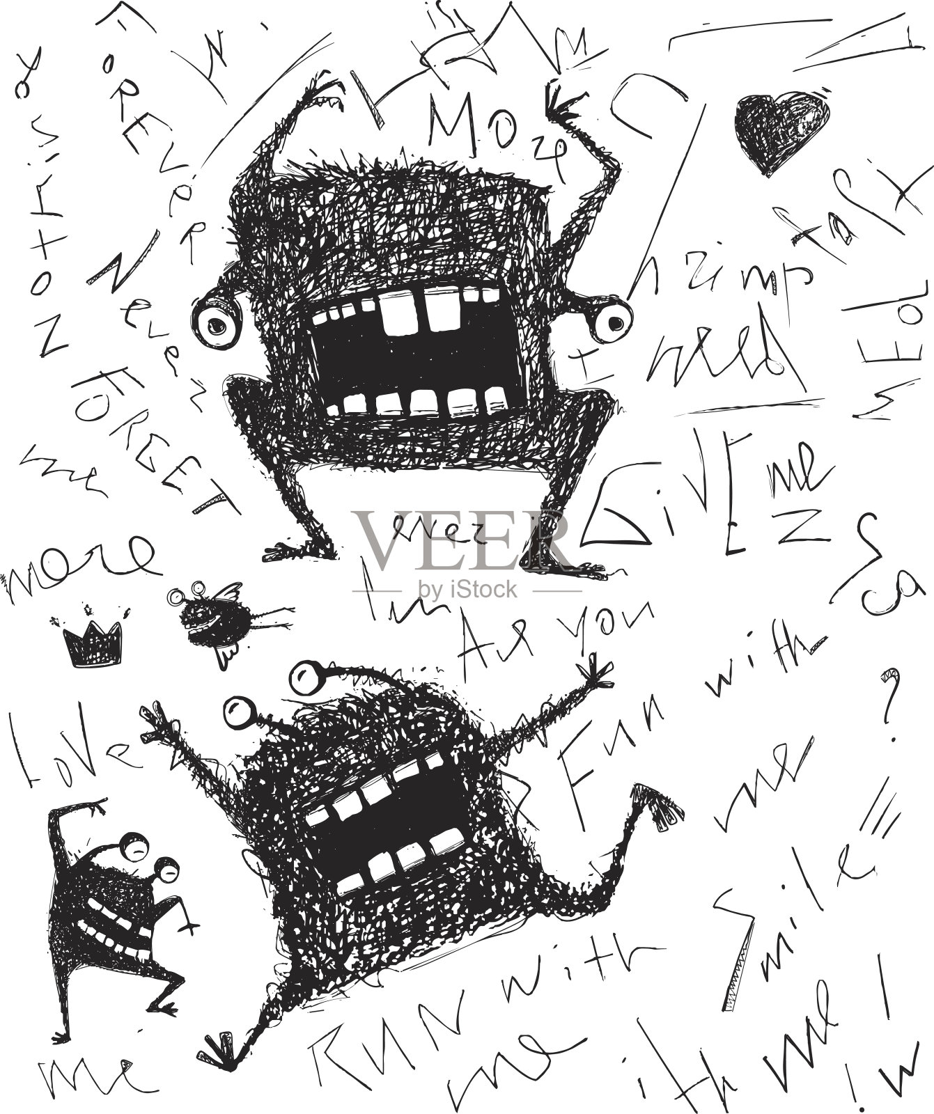 Grunge可怕可怕的怪物有趣的角色手绘单色设计插画图片素材