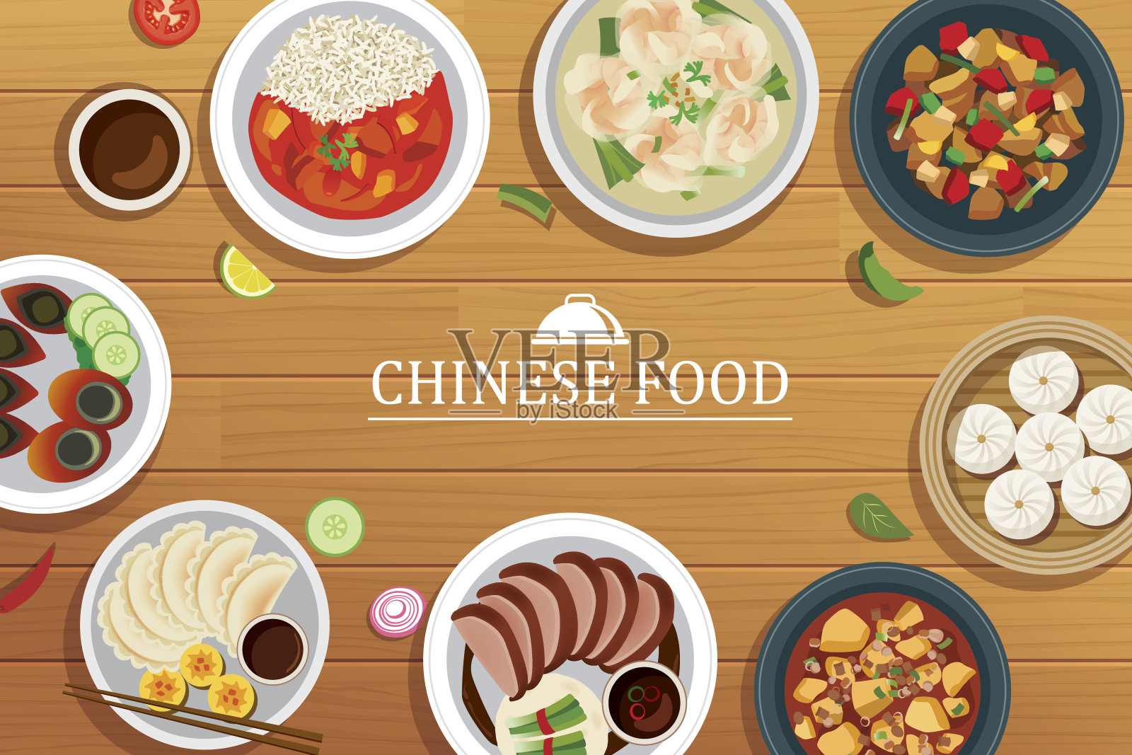 木制背景上的中国菜。矢量中餐俯视图插画图片素材
