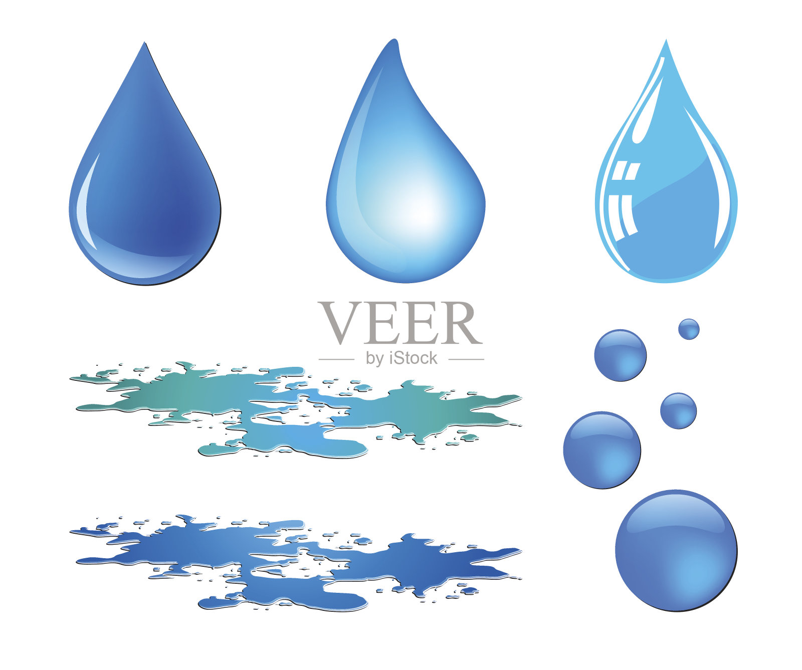 蓝色矢量水滴和水坑集孤立的白色背景设计元素图片