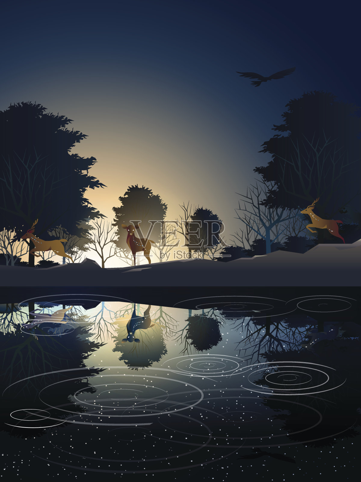 日出时，动物在湖附近的树林深处插画图片素材