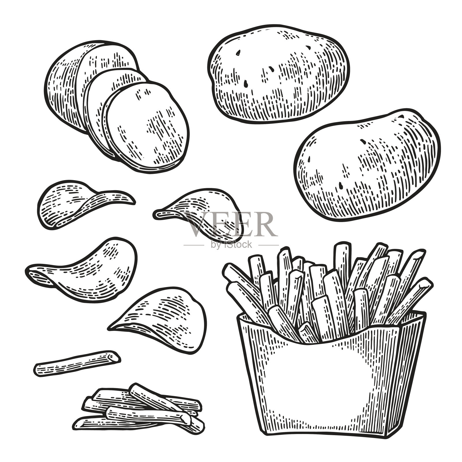 炸薯条、纸盒土豆条和薯条。插画图片素材