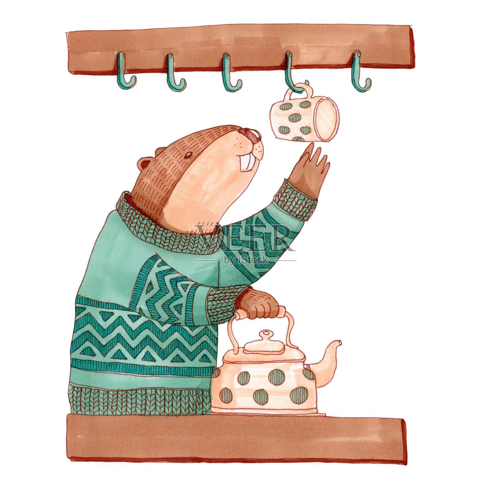 穿毛衣的海狸在厨房泡茶插画图片素材