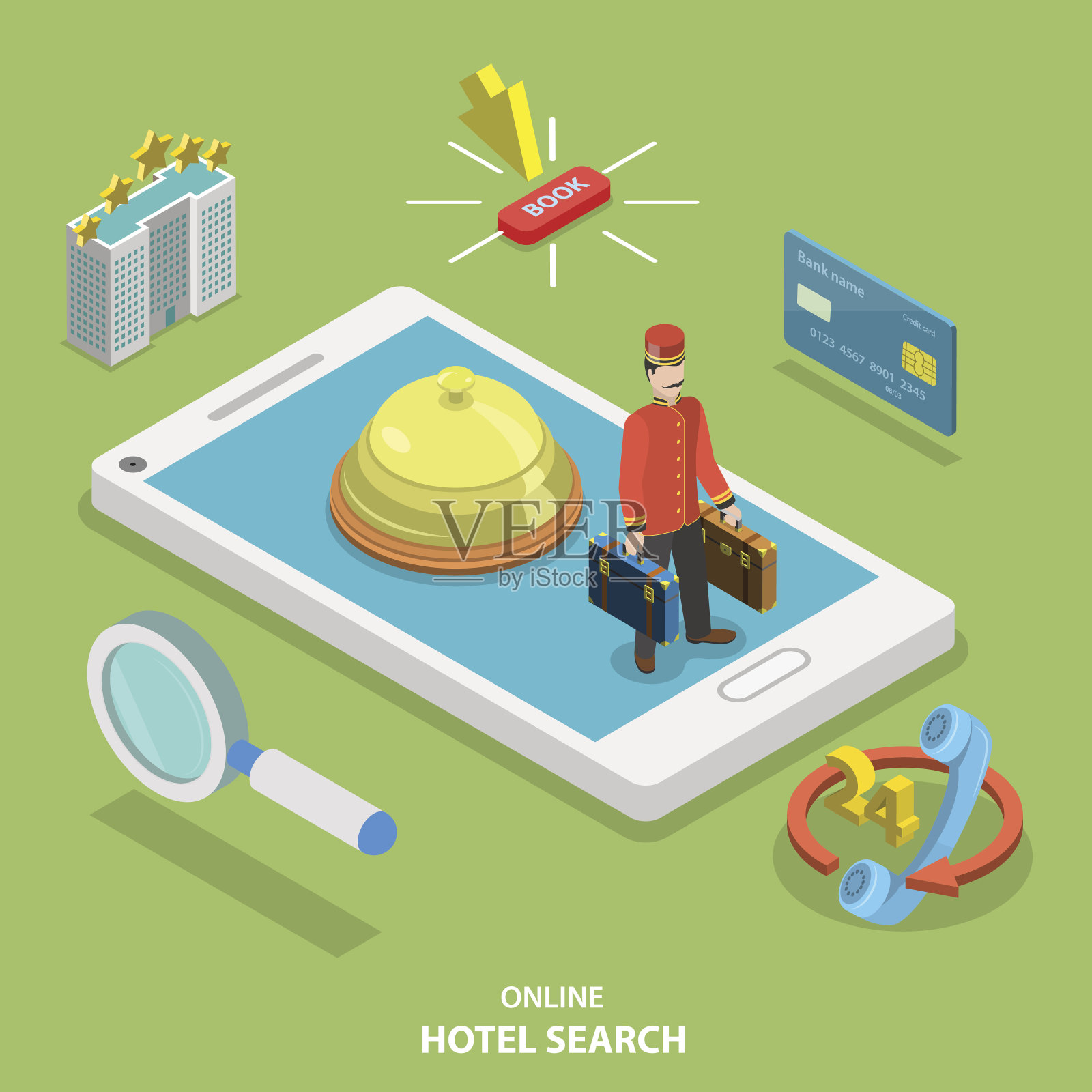 酒店在线搜索平面等距矢量概念。插画图片素材