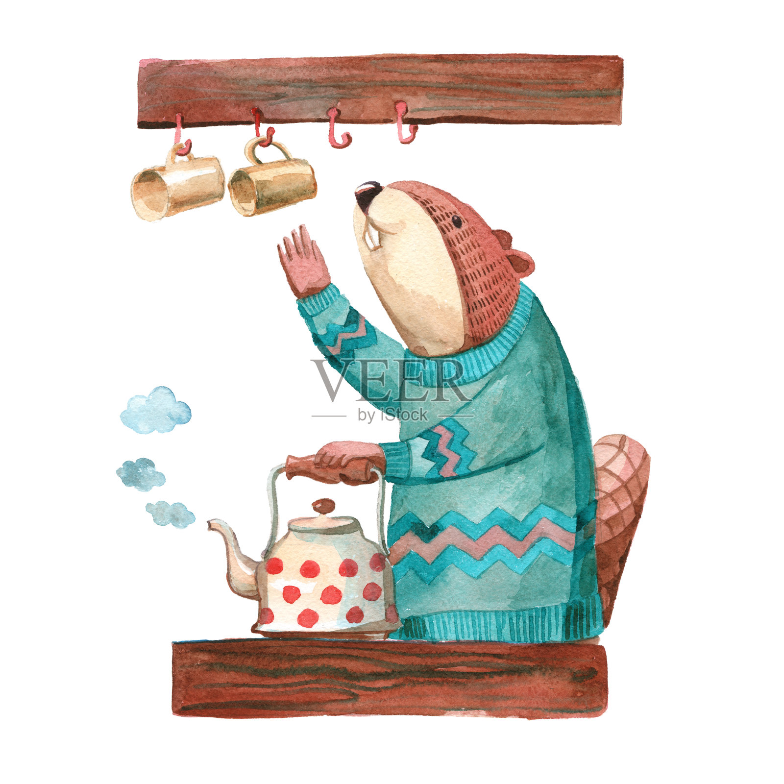 穿毛衣的海狸在厨房泡茶插画图片素材