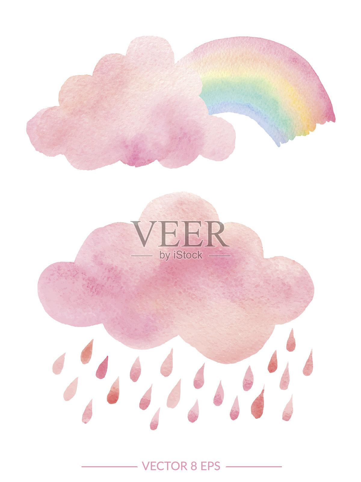 水彩云与雨和彩虹插画图片素材