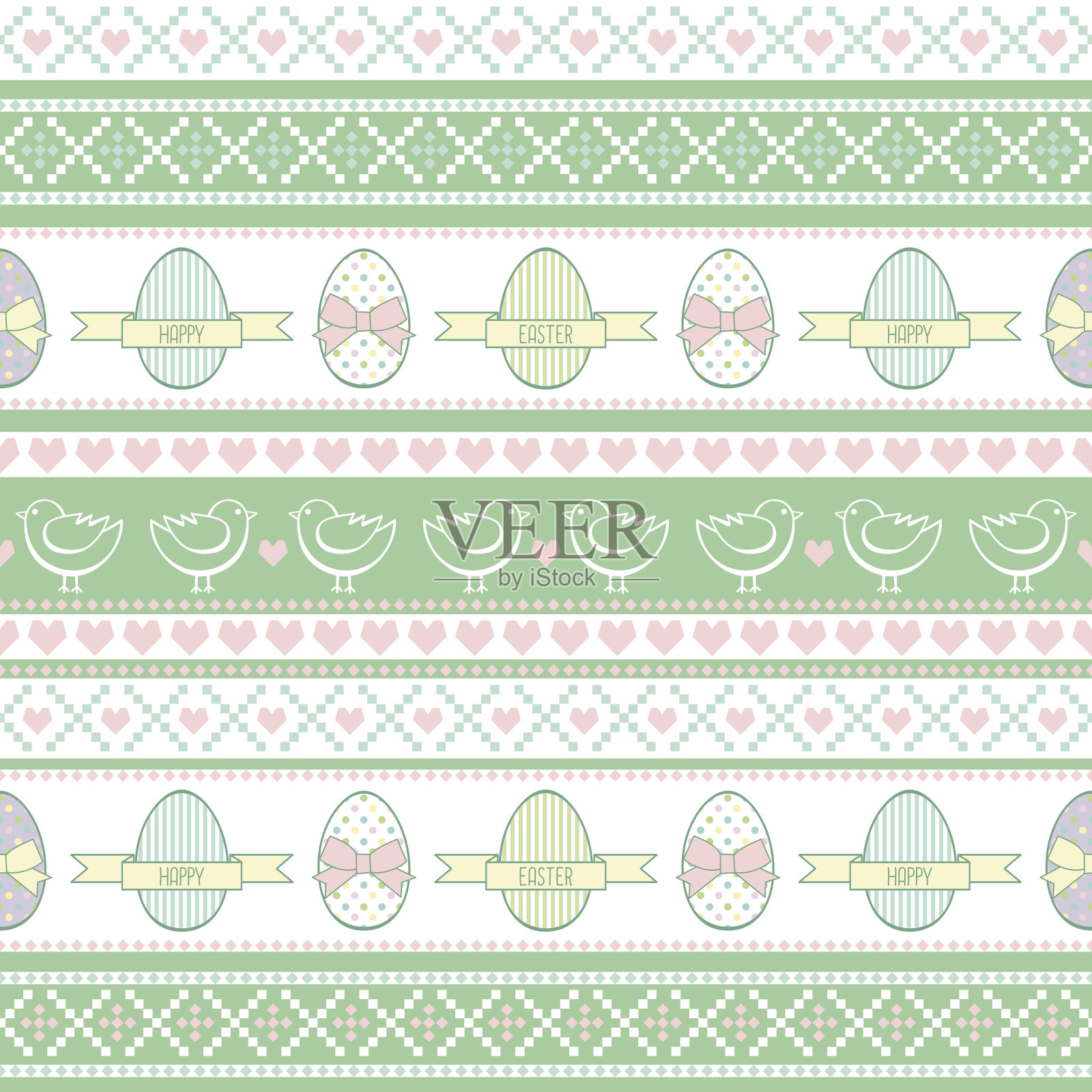 复活节背景有小鸡，鸡蛋，蝴蝶结。插画图片素材