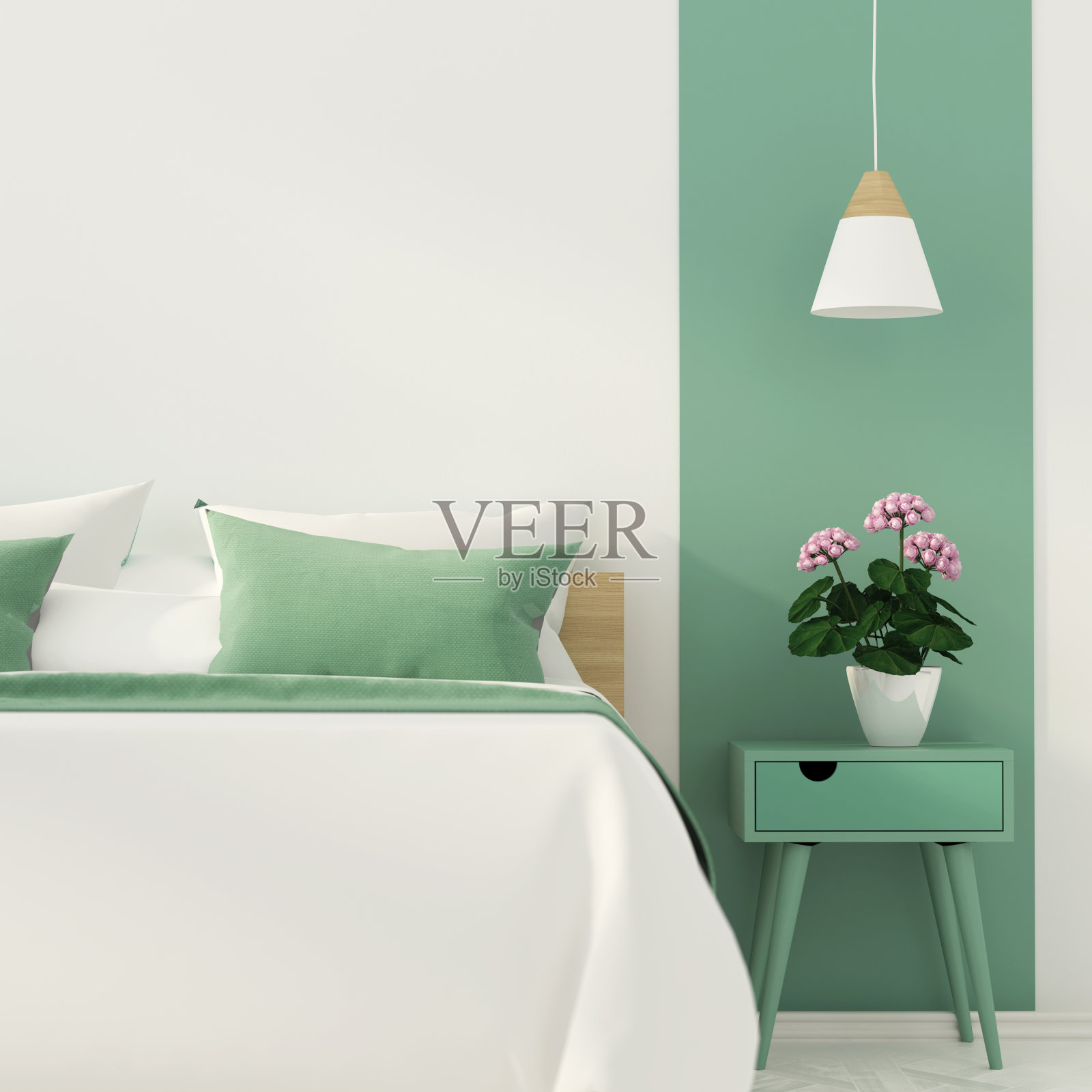 绿色装饰的时尚卧室照片摄影图片