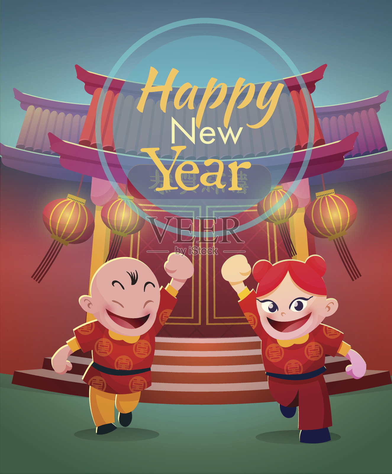 快乐的中国孩子在中国寺庙的背景插画图片素材