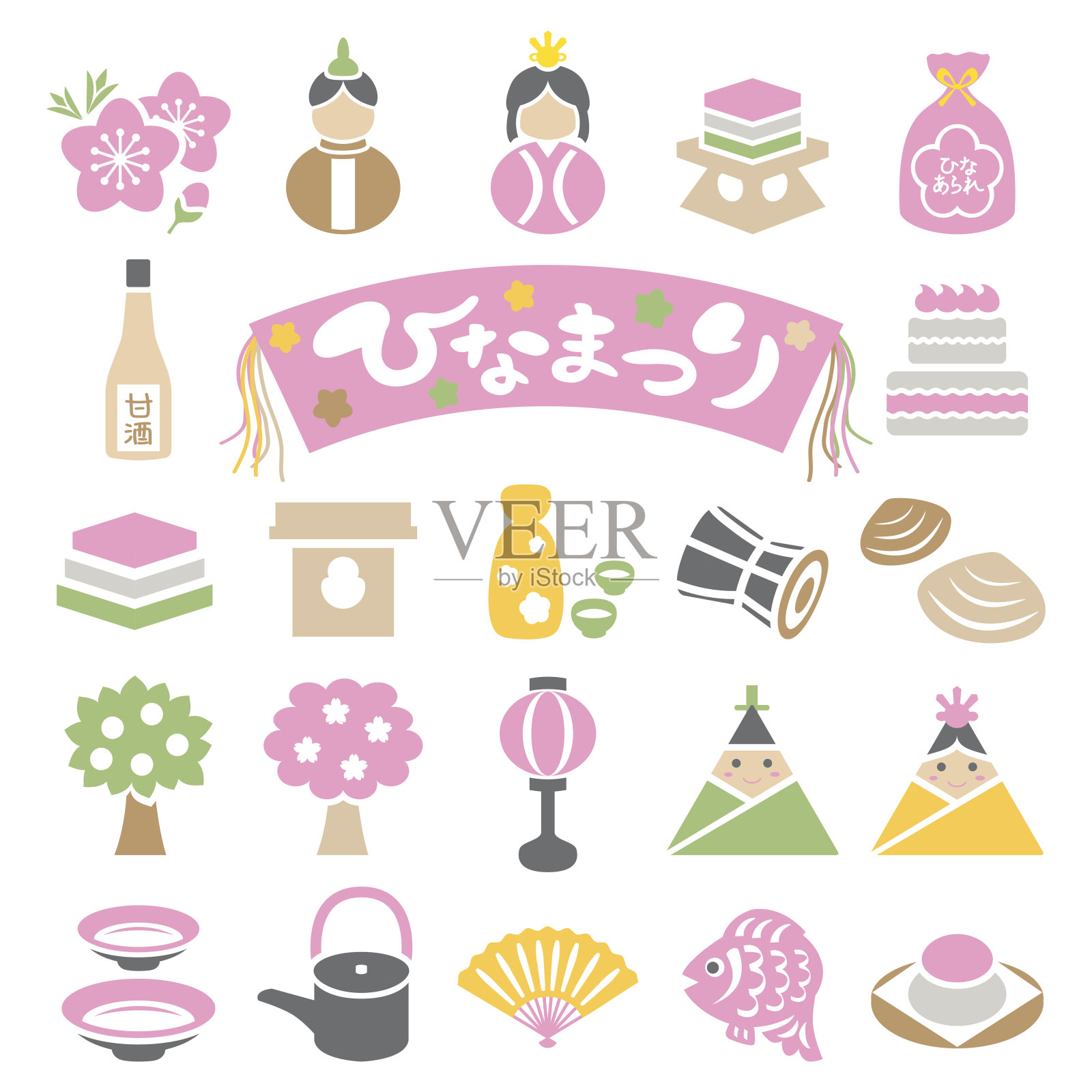 日本玩偶节日五颜六色的图标设置插画图片素材