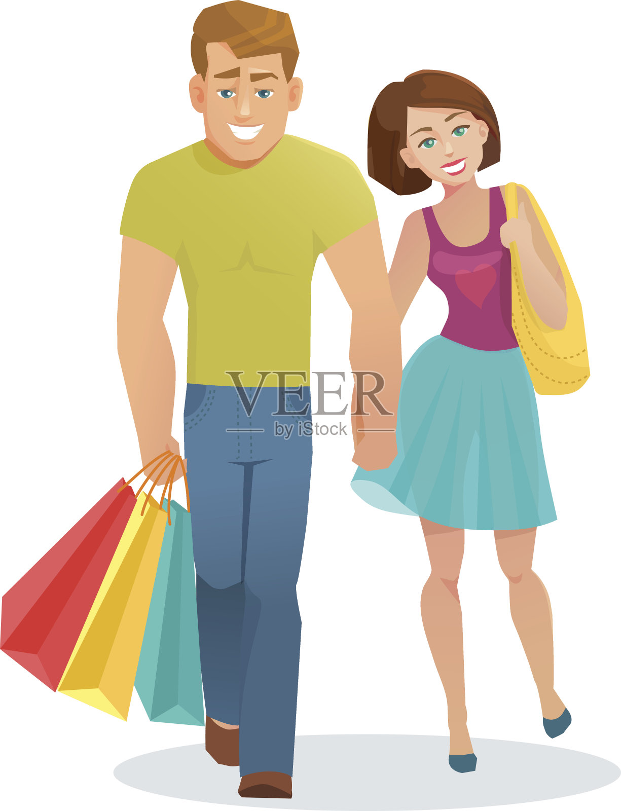 一对男女拿着购物袋走着插画图片素材