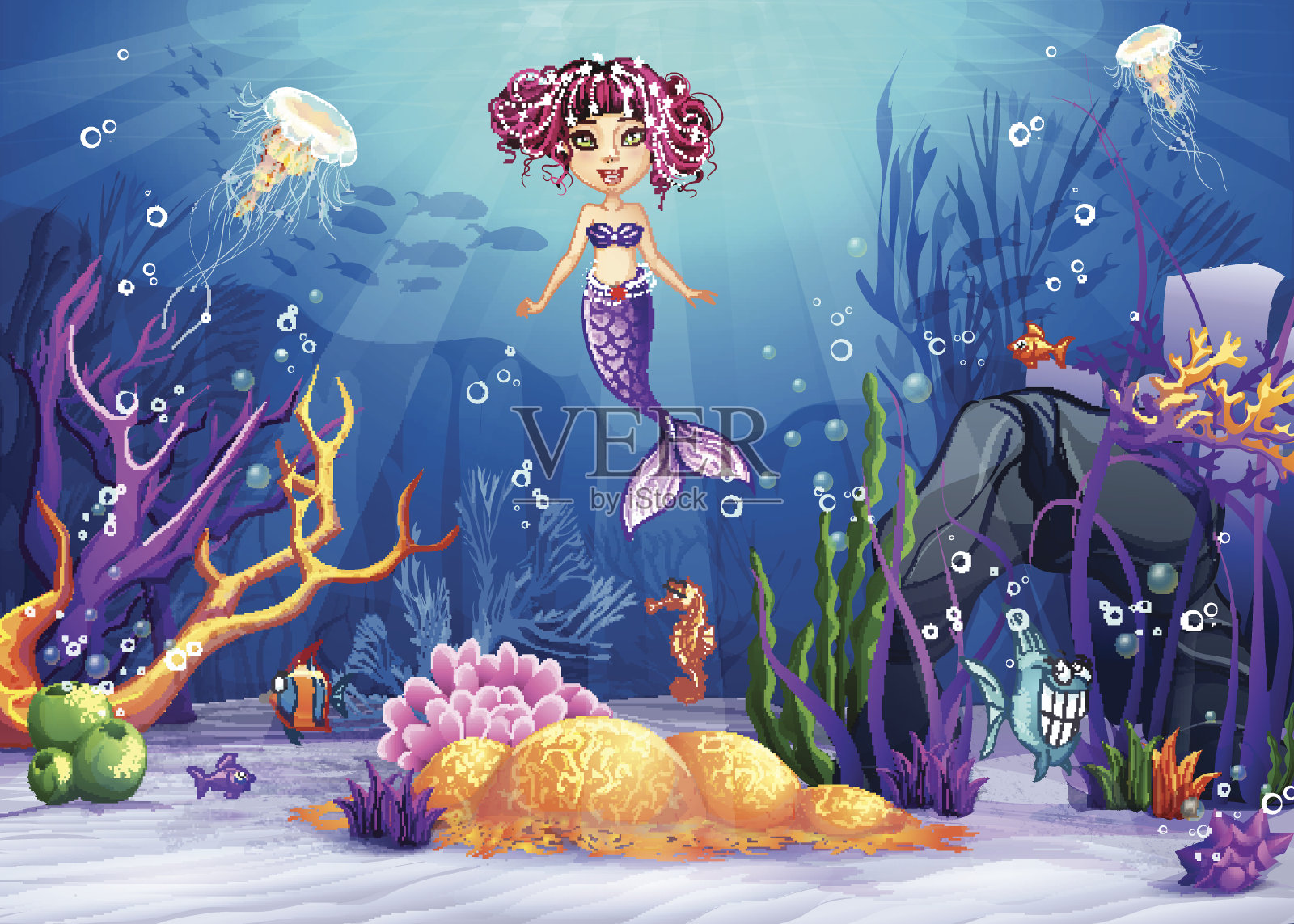 插图的水下世界与一个美人鱼与粉红色的头发插画图片素材