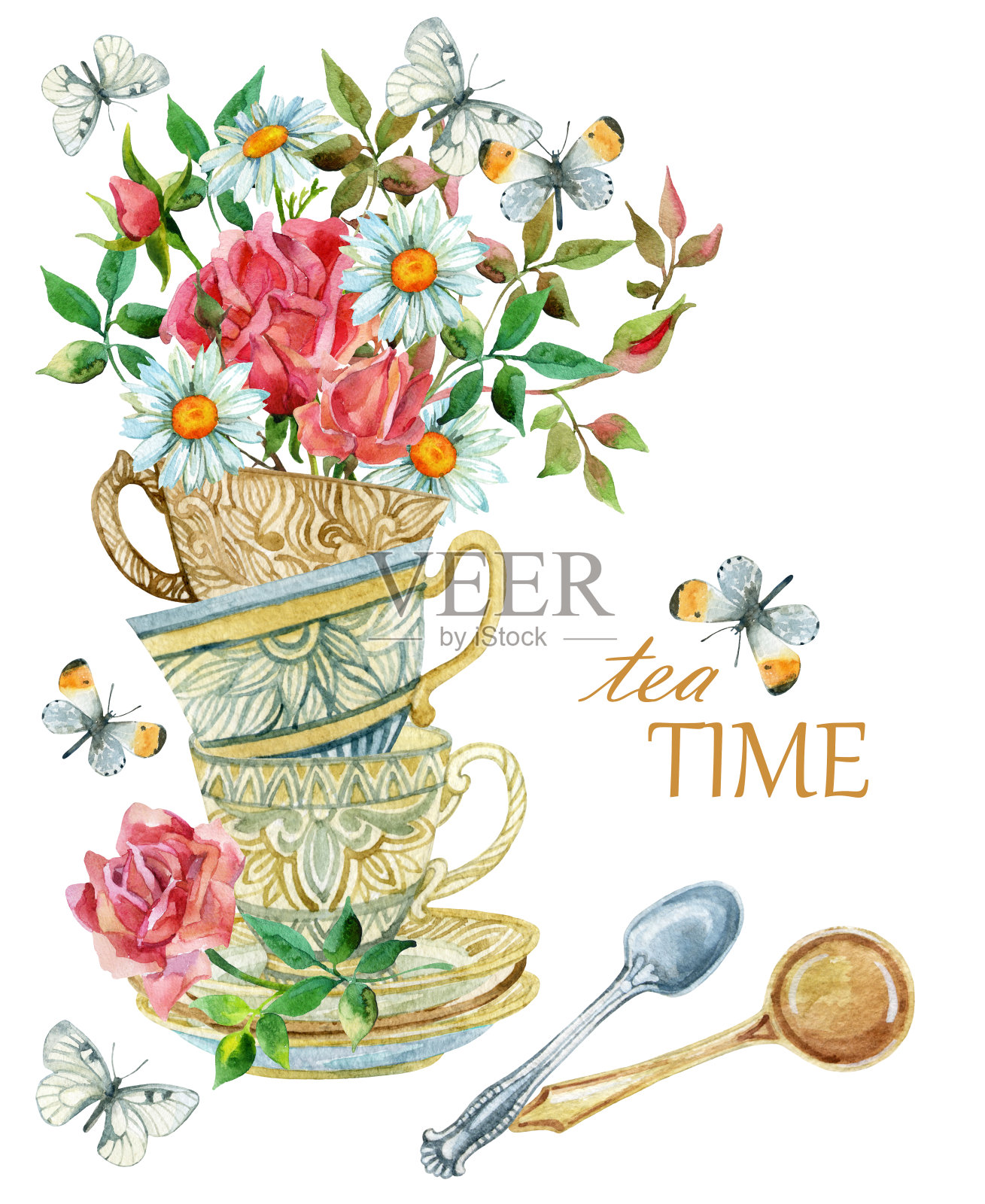 水彩茶杯背景匙，花和蝴蝶。插画图片素材