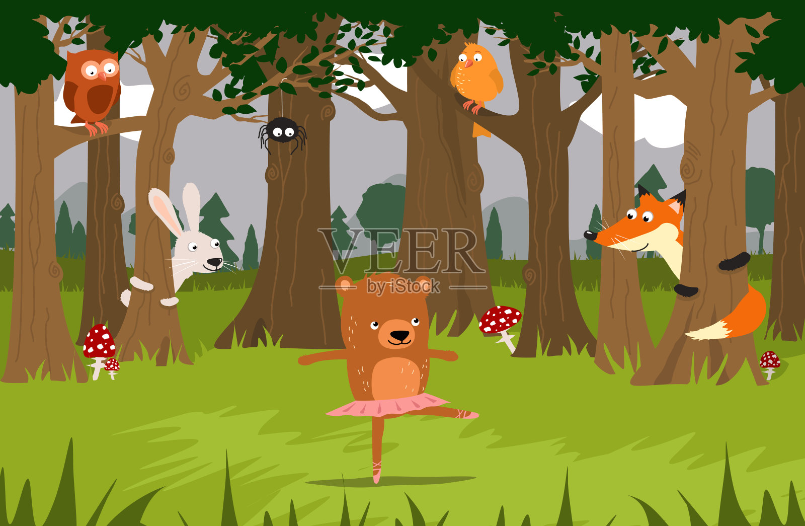 芭蕾舞熊和她的朋友们:狐狸、兔子、小鸟、蜘蛛，看着她在森林里跳舞。插画图片素材