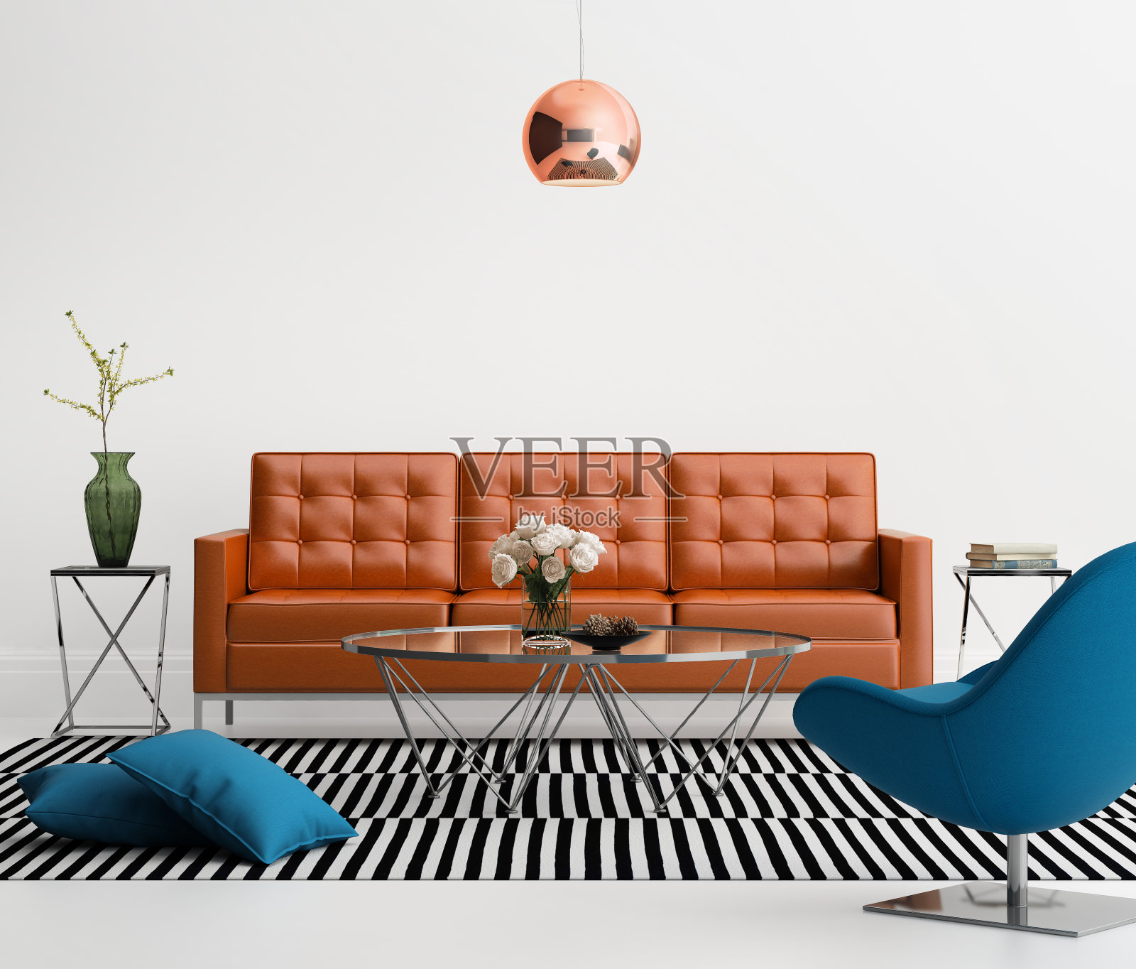 橙色皮沙发的现代客厅照片摄影图片